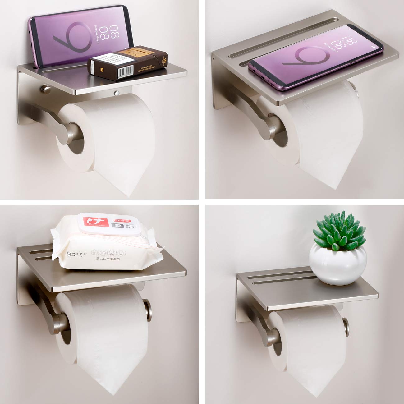 Smarthome Toilet Paper Holder with Shelf  Aluminum Tissue Roll Mobile Phone Storage Shelf for Modern Bathroom  3M Self Adhesive No Drilling or Wall-Mounted Screws  Brushed Nickel