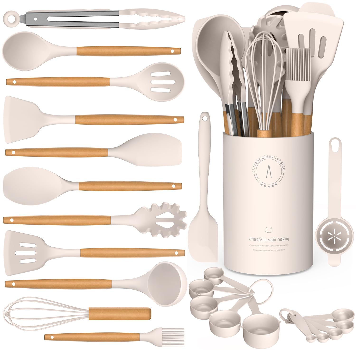 Silicone Cooking Utensils Set - Silicone Kitchen Utensils For Cooking Wooden Handles, 446F Heat Resistant Kitchen Utensil Spatul