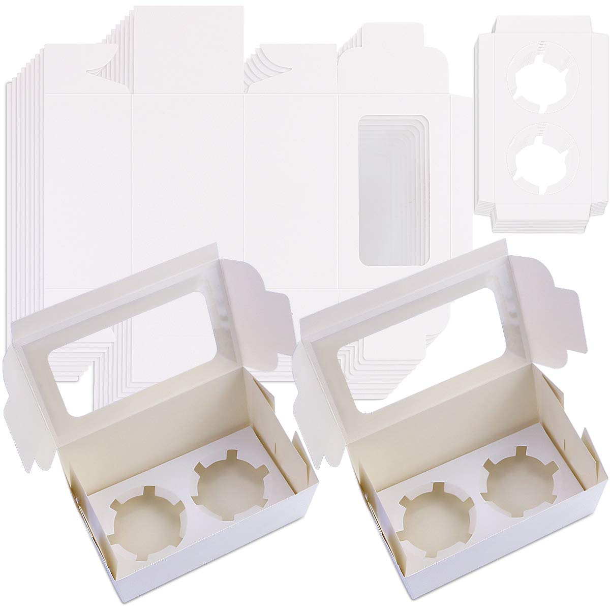 Pralb 50Pack White Paper Cupcake Boxes With Pvc Window And Two Treat Holder, Pastry And Cookie Box,Cupcake Containers Bakery Cak