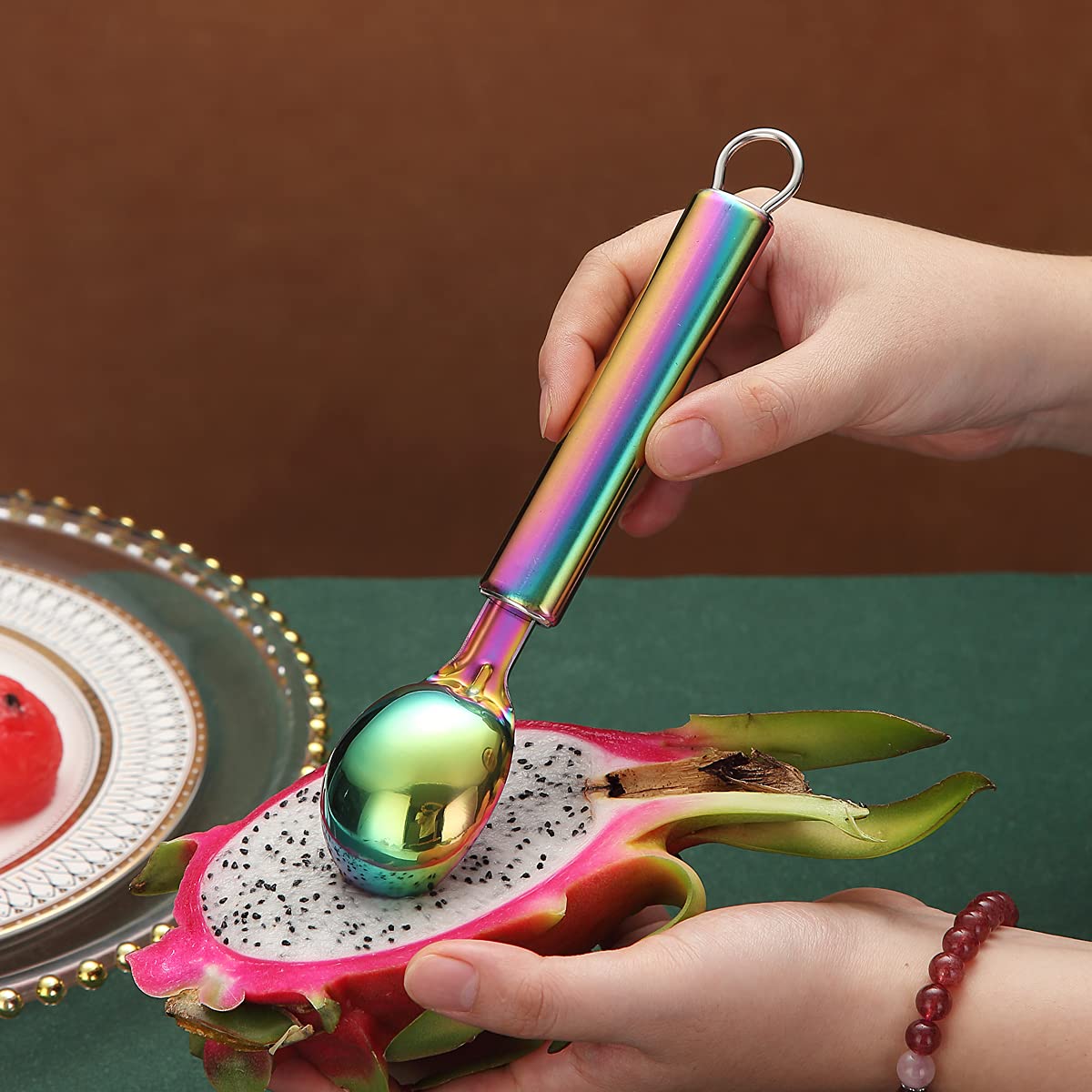 Rainbow Ice Cream Scoop, Berglander Stainless Steel Cookie Scoop Melon Baller Scooper Cones With Titanium Colorful Plating, Spec