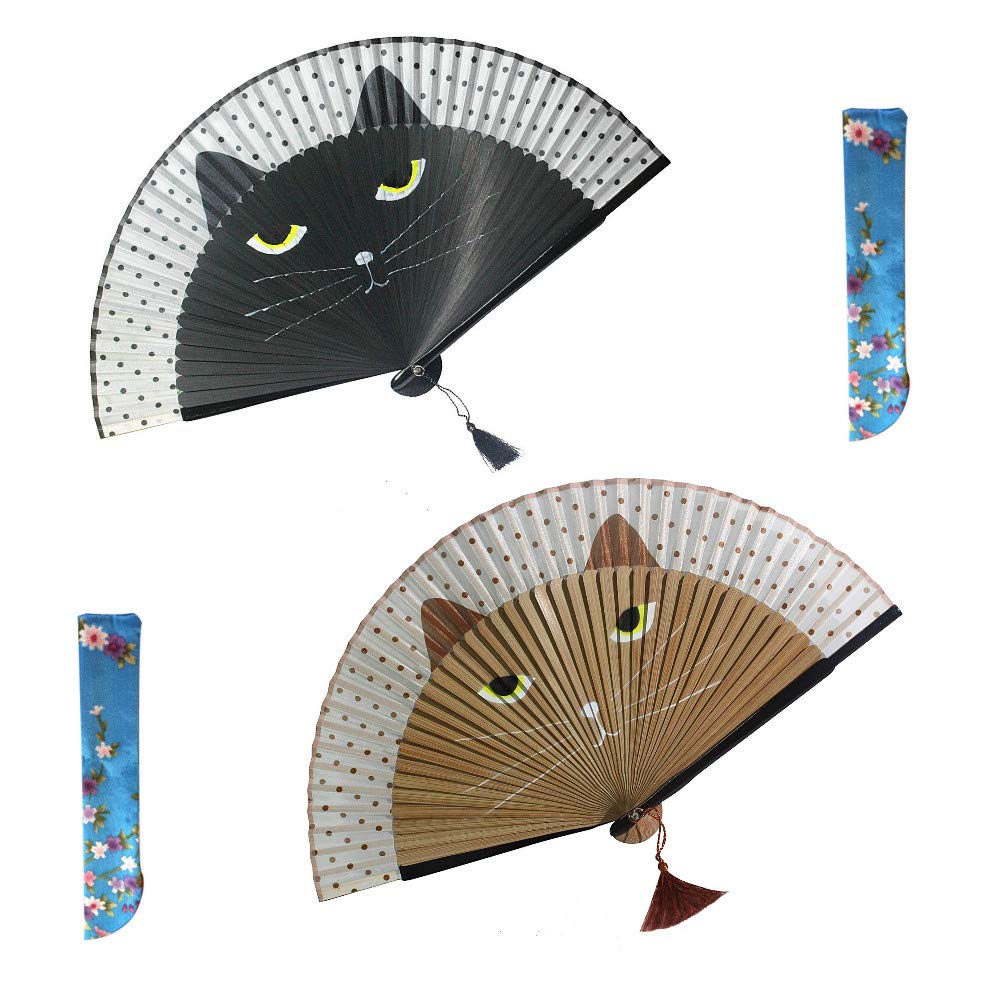 ONWINPOR 2 Pieces Cat Folding Fans Handheld Fans with Bamboo Frame and Silk Fan face, Lovely Cat Pattern for cooling yourself, P