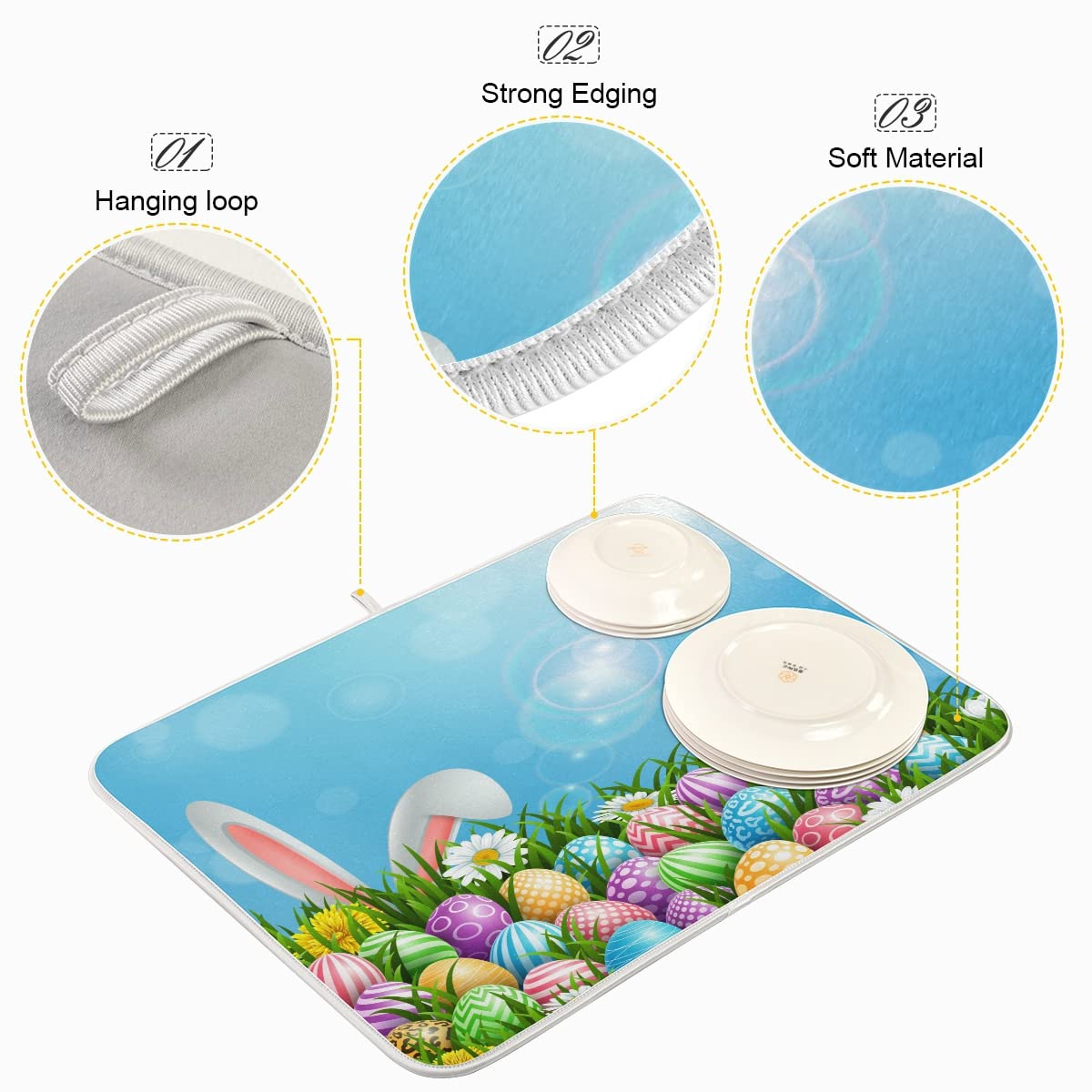 Easter Colorful Eggs Rabbit Dish Drying Mat 18X24 Absorbent Dishes Pad Dish Drainer Mat Protector For Kitchen Fast Dry