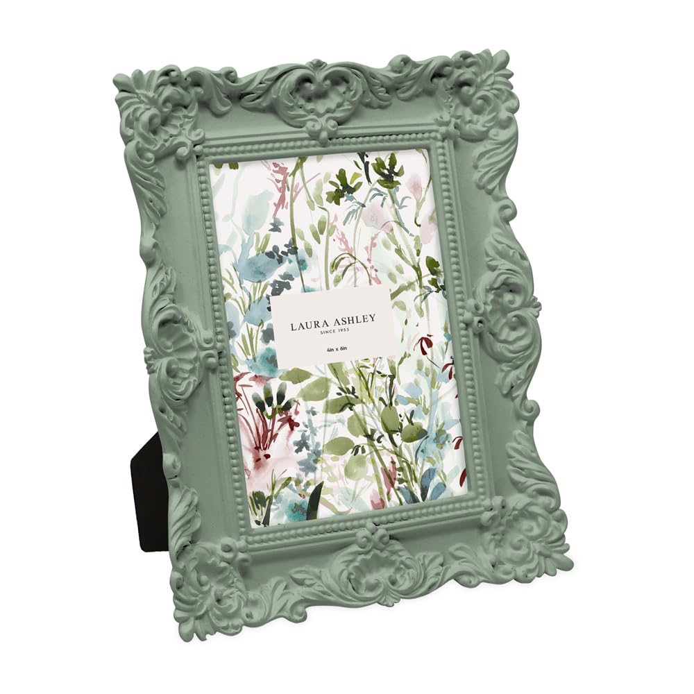 Laura Ashley 4x6 Matt Rosemary Ornate Textured Hand-Crafted Resin Picture Frame with Easel, for Tabletop & Wall Display, Decorat