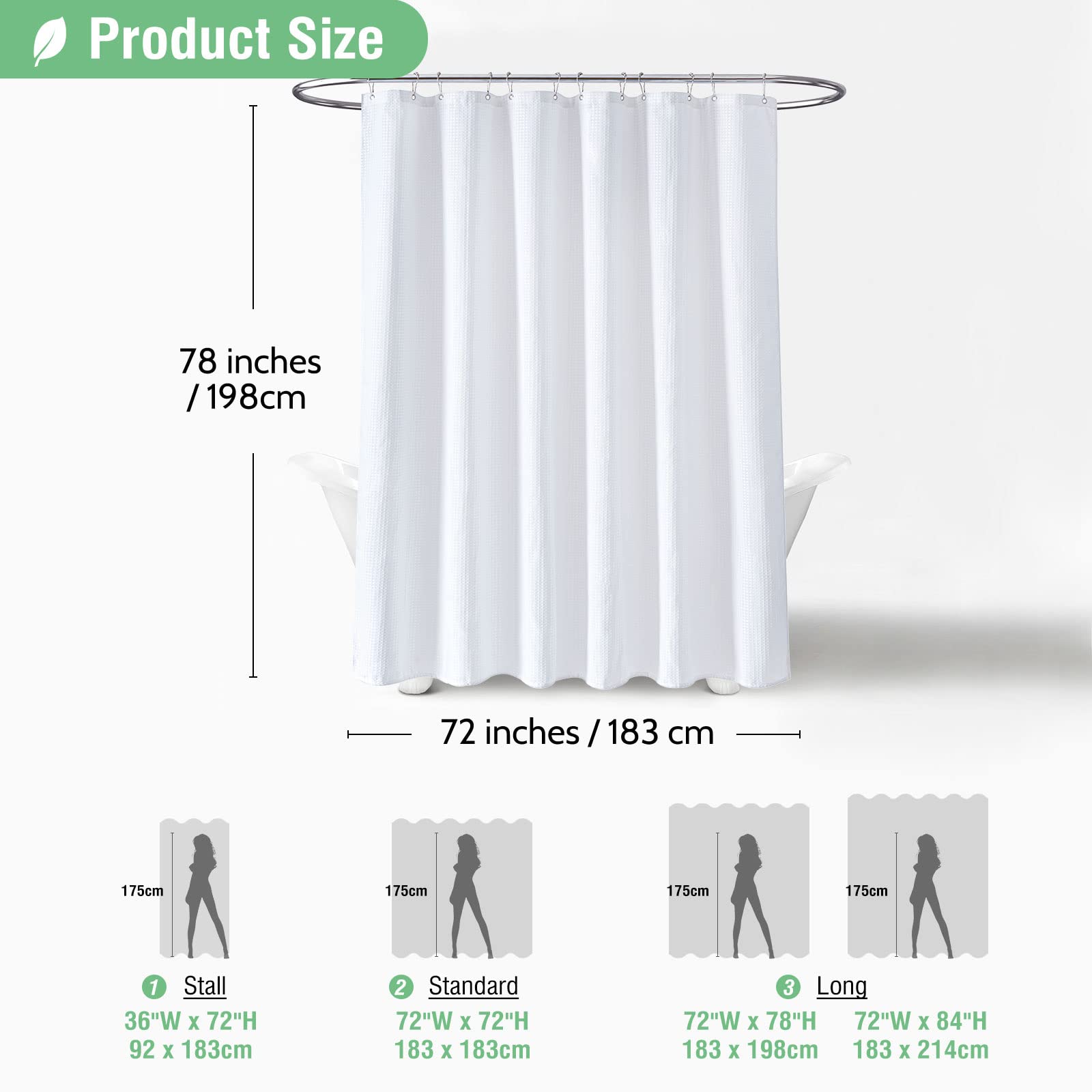 Dynamene Long White Fabric Shower Curtain - Waffle Textured Tall Heavy Duty Cloth Shower Curtains For Bathroom, 256Gsm Large Hot