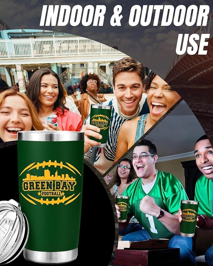 Football Fan 20 Oz Insulated Travel Coffee Cup Mug Tumbler with Lid Themed Merch Shop Men Women Sport Stuff Gear Apparel Packers