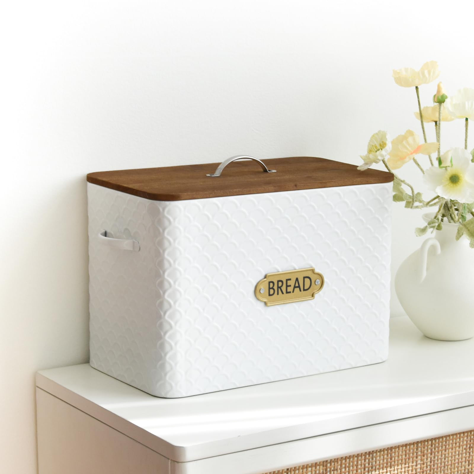 Emax Home Extra Large Space Saving Farmhouse Bread Box With Wood Lid - Holds 2 Loaves - Vertical Breadbox Bread Storage Bin Hold