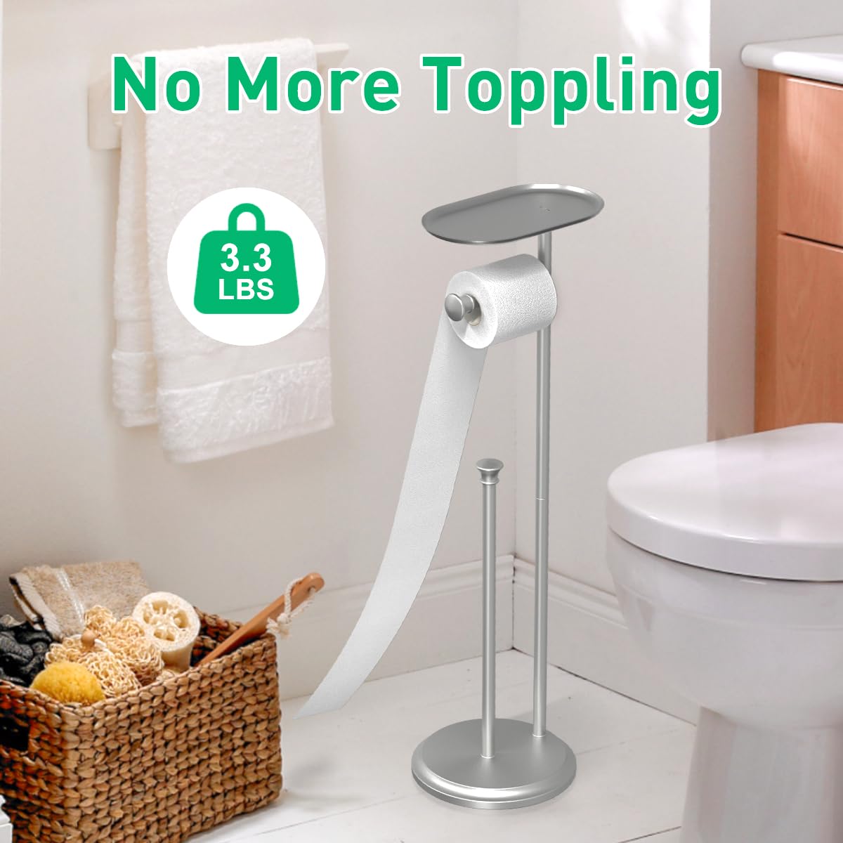 Freestanding Toilet Paper Holder With Shelf And Reserve For Small Bathroom Storage, Holds 5 Mega Rolls/Phone/Wipes Nickel