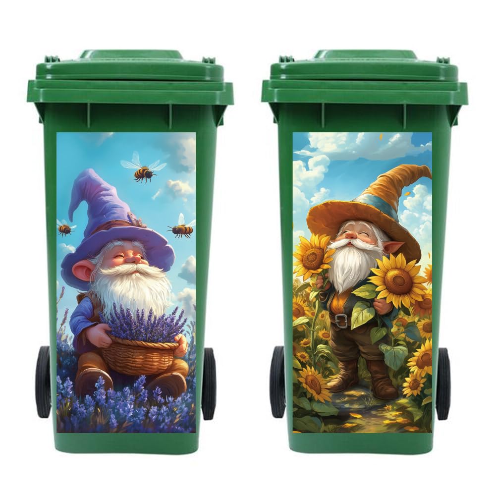 Peacoblue Wheelie Bin Stickers 2 Sheets Gnome Sticky Dustbin Stickers Decals, 15 x 32 Waterproof Large Wraps for Trash Cans Bins