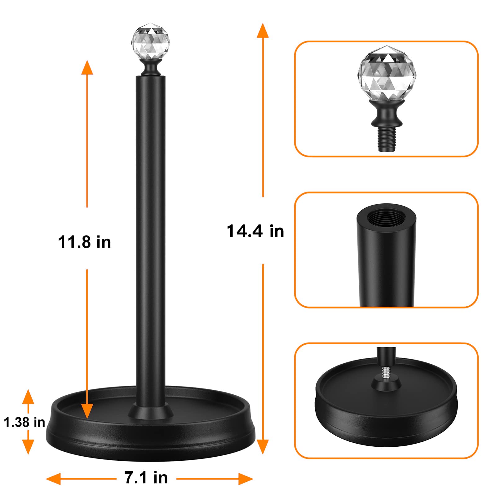 Kasunto Paper Towel Holder (With Crystal Head) Steel Paper Towel Holder Countertop,Black Paper Towel Holder For Kitchen Countert