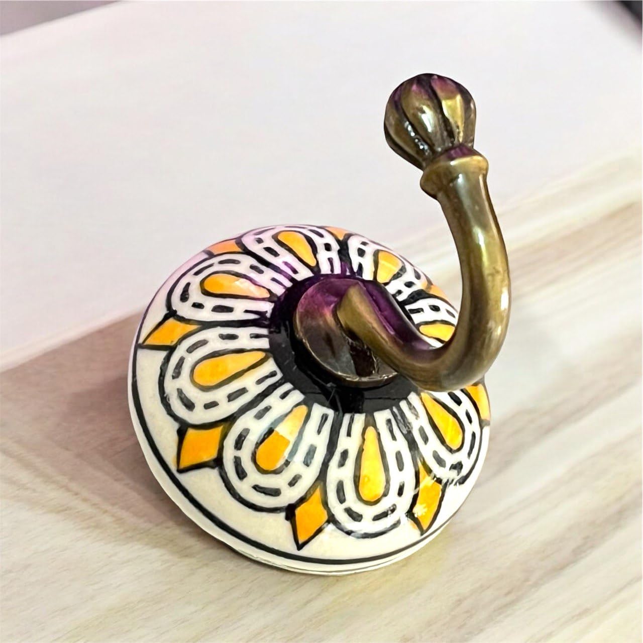 Maison Belle Ceramic Metal Wall Hook/Wall Mounted Single Hook Hanger  Gold Antique (Size 3.5 Inch, Hand Painting) (B Yellow  