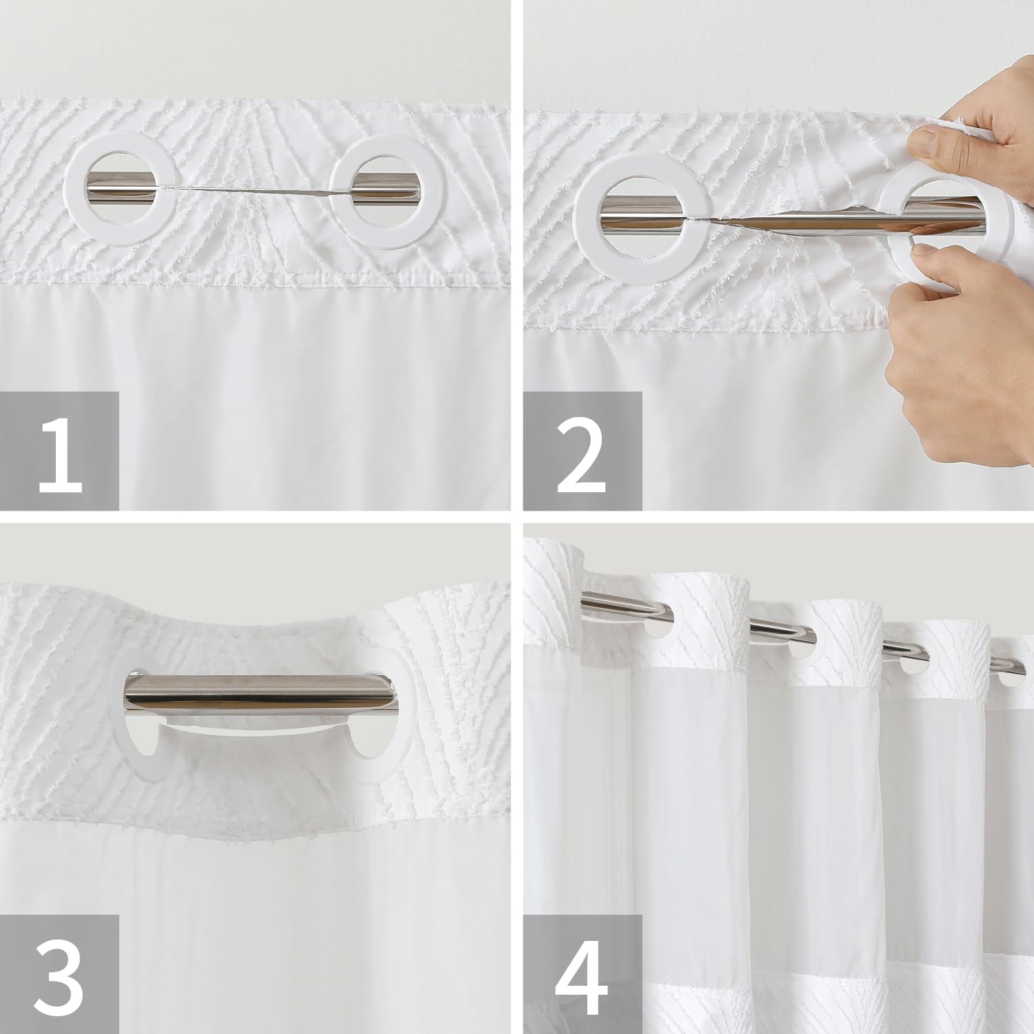 Eachope Long No Hook Shower Curtain And Liner Set,Boho Style With See Through Top Window,White Fabric Tufted Striped Textured Ou