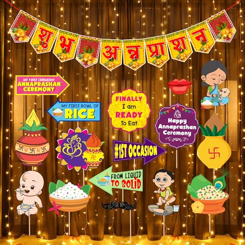 Zyozique  Annaprasanam Photo Booth Props With Annaprasanam Paper Bunting Paper Banner Hindi Font Shubh Annaprashan | Rice Ceremo
