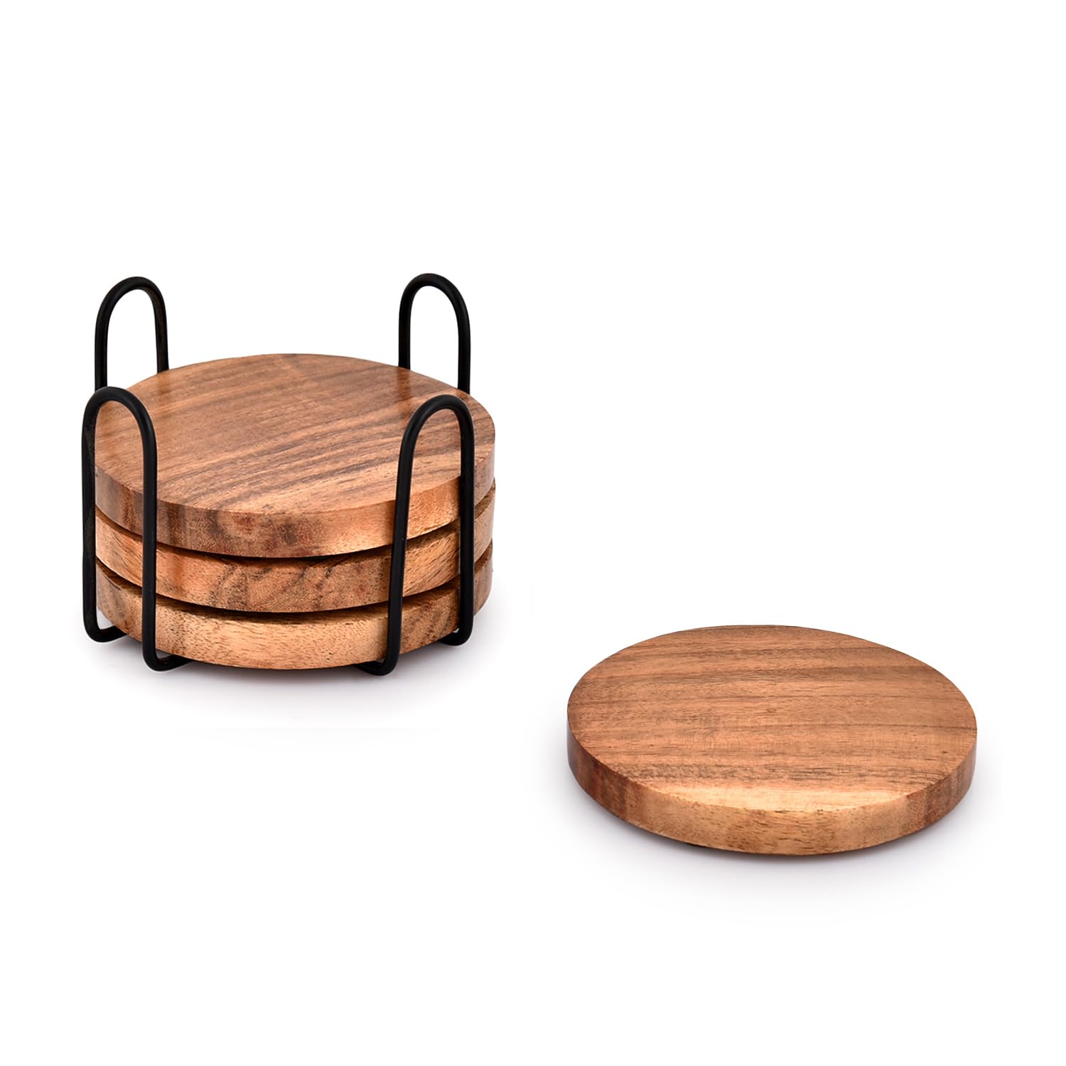 Edhas Acacia Wood Coasters For Drinks With Iron Holder Stand For Coffee Table, Tabletop Protection Decor, Set Of 4