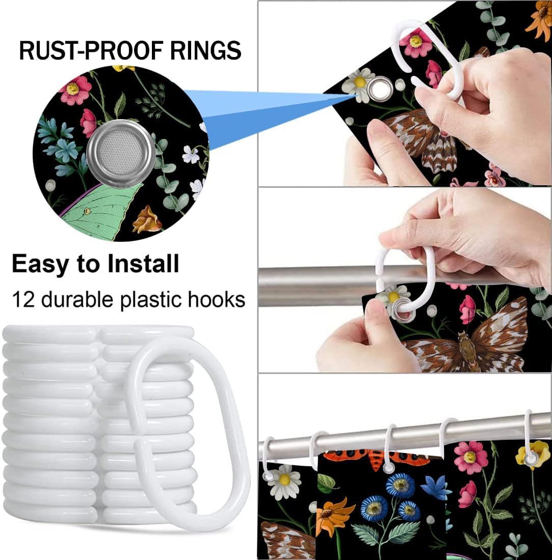 Boho Butterfly Floral Shower Curtain, Bright Abstract Bohemian Plant Flower Botanical Moth Shower Curtain, Black Modern Aestheti