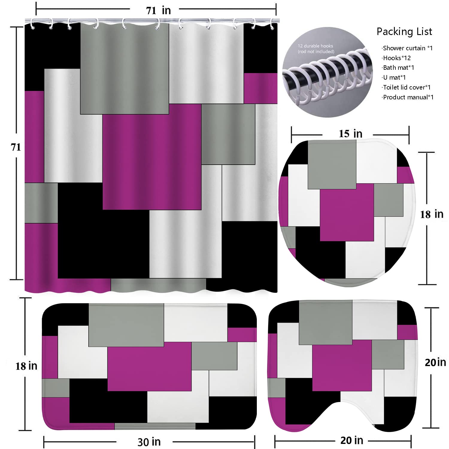 ENYORSEL Purple Bathroom Sets with Shower Curtain and Rugs  4 PCS Geometric Bathroom Shower Curtain Set with Rugs  Incl Shower Curtain with 12 Hooks  Bath Mat  U-Shaped Floor Mat  Toilet Lid Oval Rug