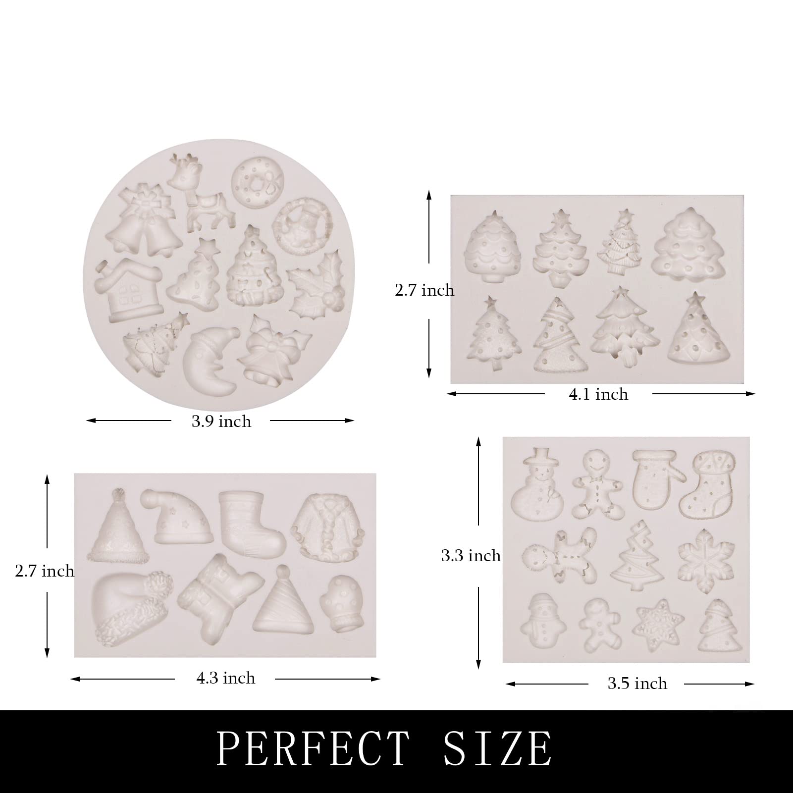 Muyulin Mini Christmas Cake Decoration Chocolate Mold, 4 Packs Fondant Christmas Silicone Molds, Bell, Reindeer, Winterleaf, Soc