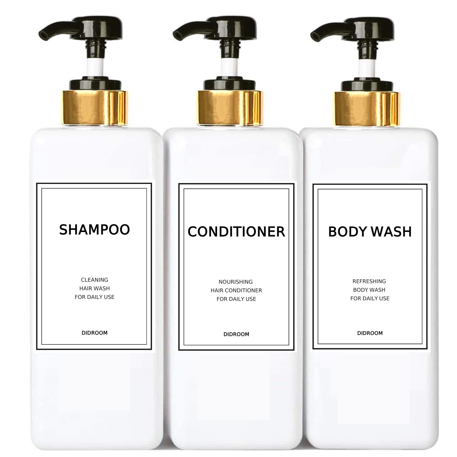 Modern Gold Shampoo And Conditioner Dispenser (21 Oz, Pack Of 3) Refillable Pump Bottle Set Empty Shower Plastic Bottles With Pu