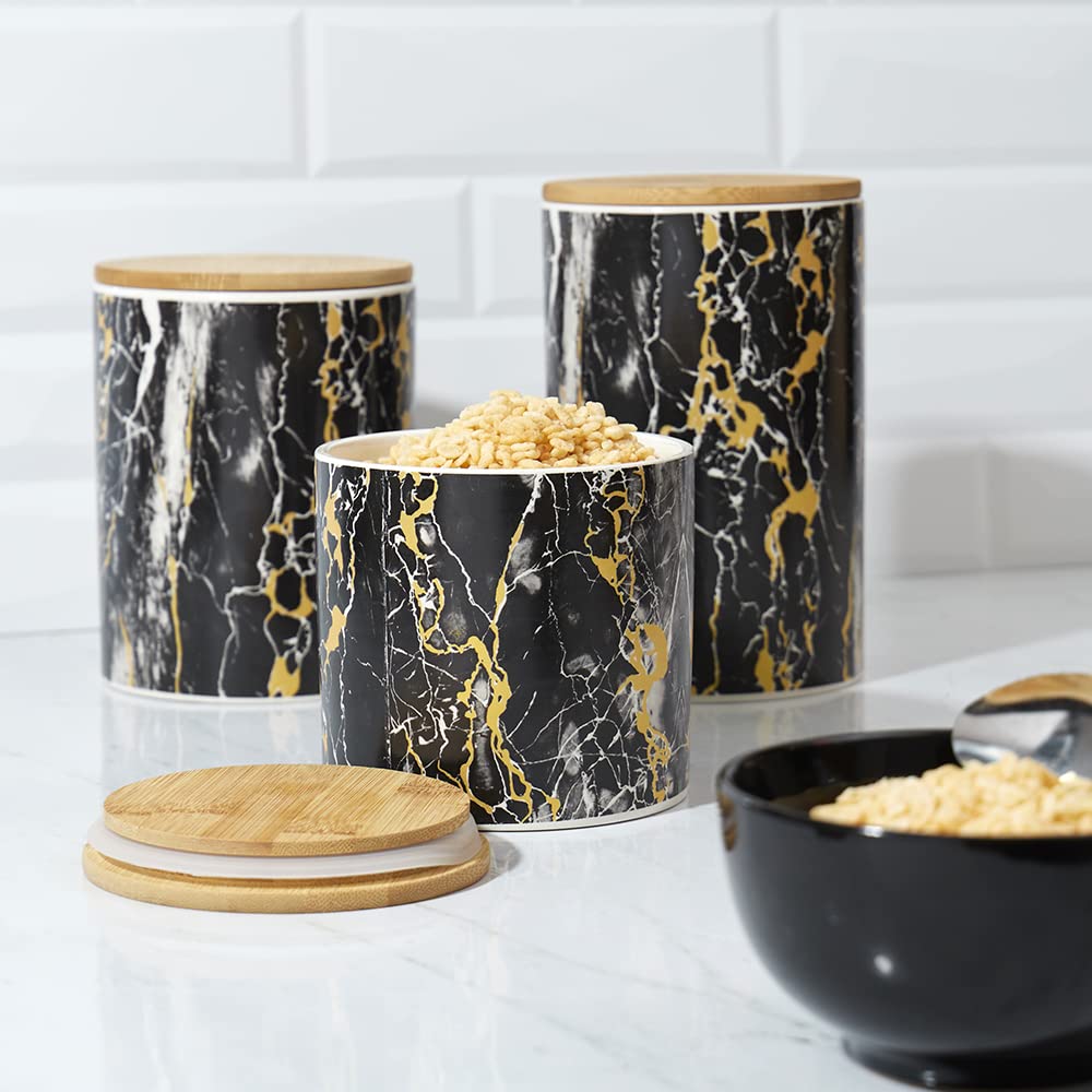 Home Basics Marble Like Small Ceramic Canister With Bamboo Top, Black