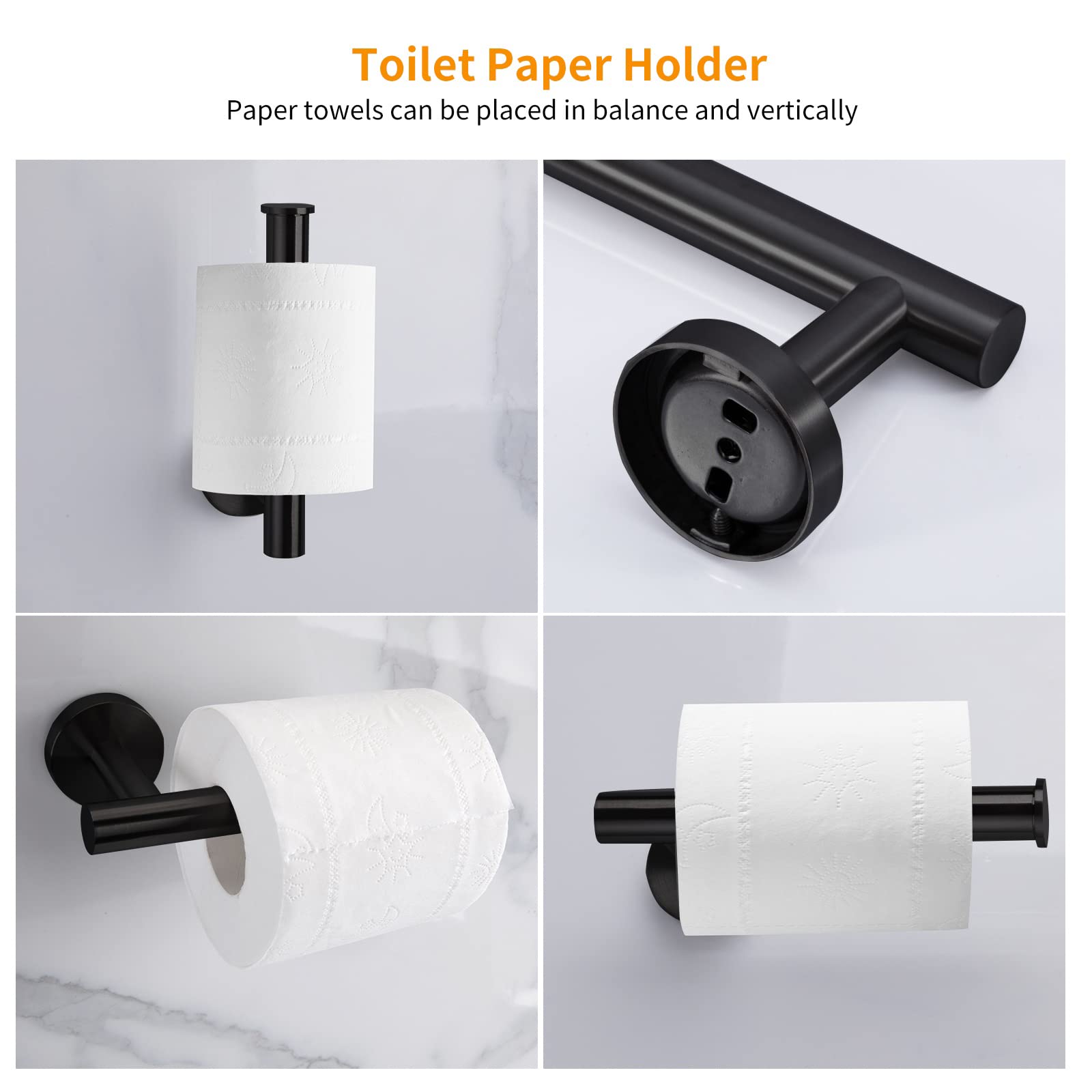 Cilee 10 Piece Matte Black Bathroom Accessories Set 16 inch Black Bathroom Hardware Set Towel Rack+Towel Ring+Robe Towel Hook+Toilet Paper Holder for Bathroom Wall Stainless Steel Towel Bar