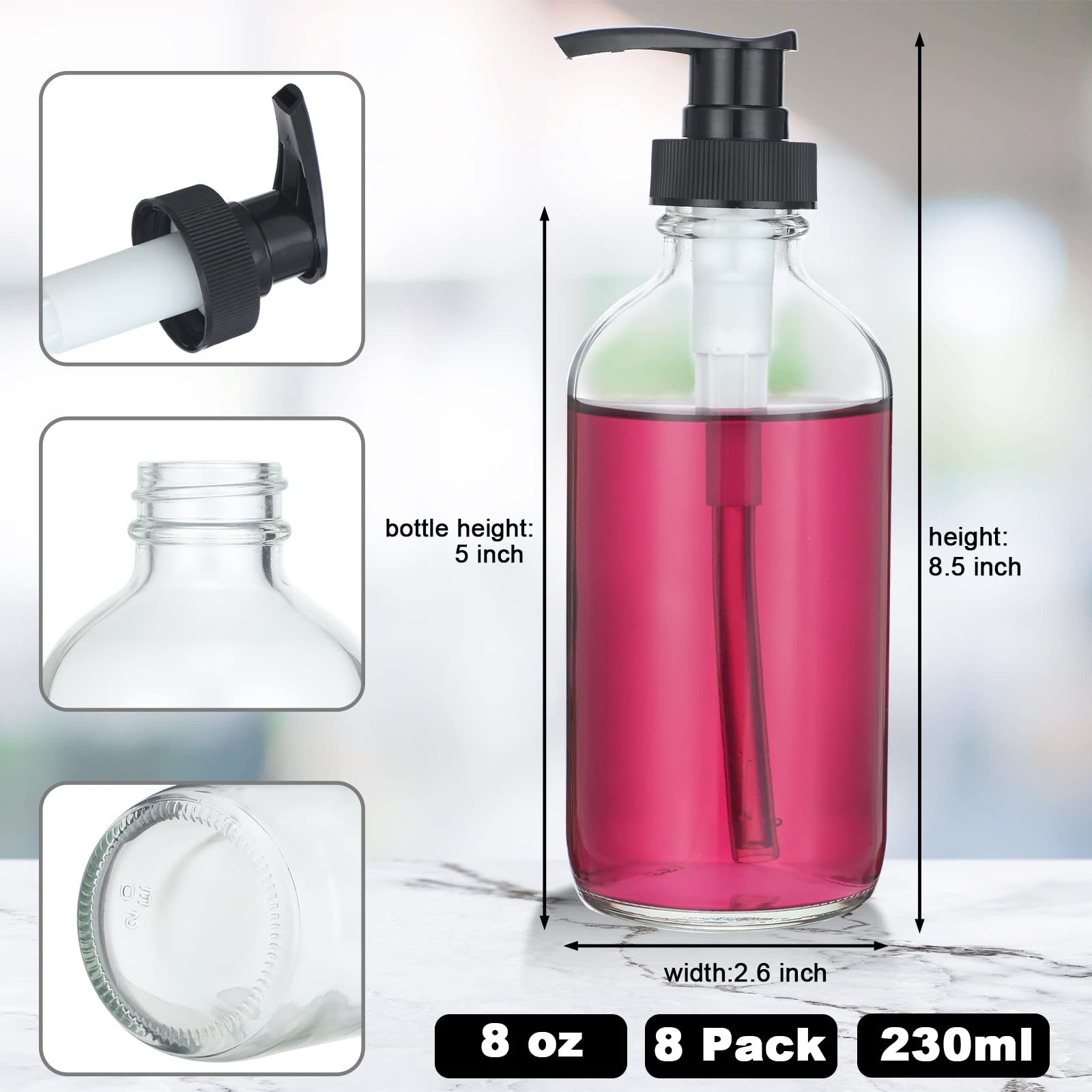 8 Pack Glass Pump Bottles With Black Lotion Pumps, 8 Oz Refillable Pump Bottles Dispenser Thick Glass Lotion Soap Shampoo Contai