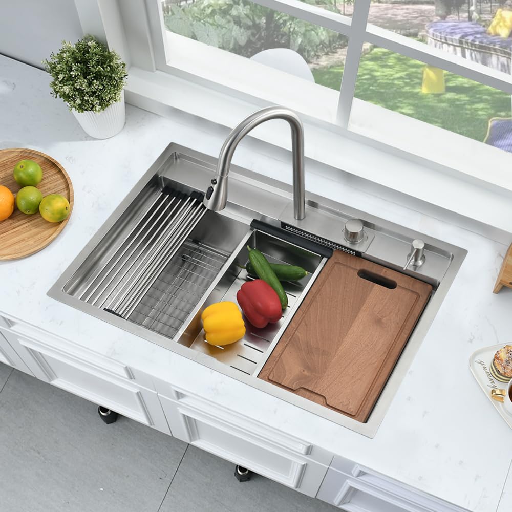 33 Inch Drop In Waterfall Kitchen Sink Workstation-Bokaiya 33X19 Drop In Kitchen Sink Workstation Sink 16 Gauge Deep Stainless S