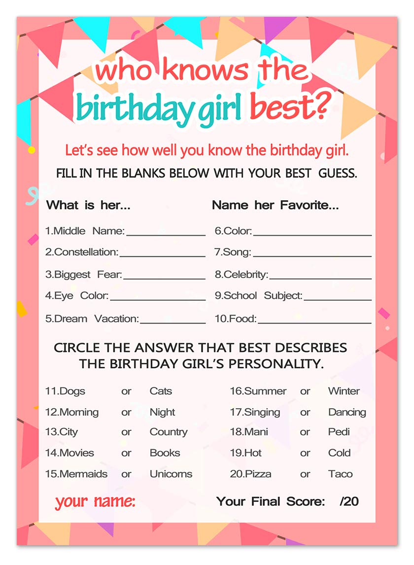 Yangmics Direct Who Knows The Birthday Girl Best, Birthday Girl Games - 20 Game Cards