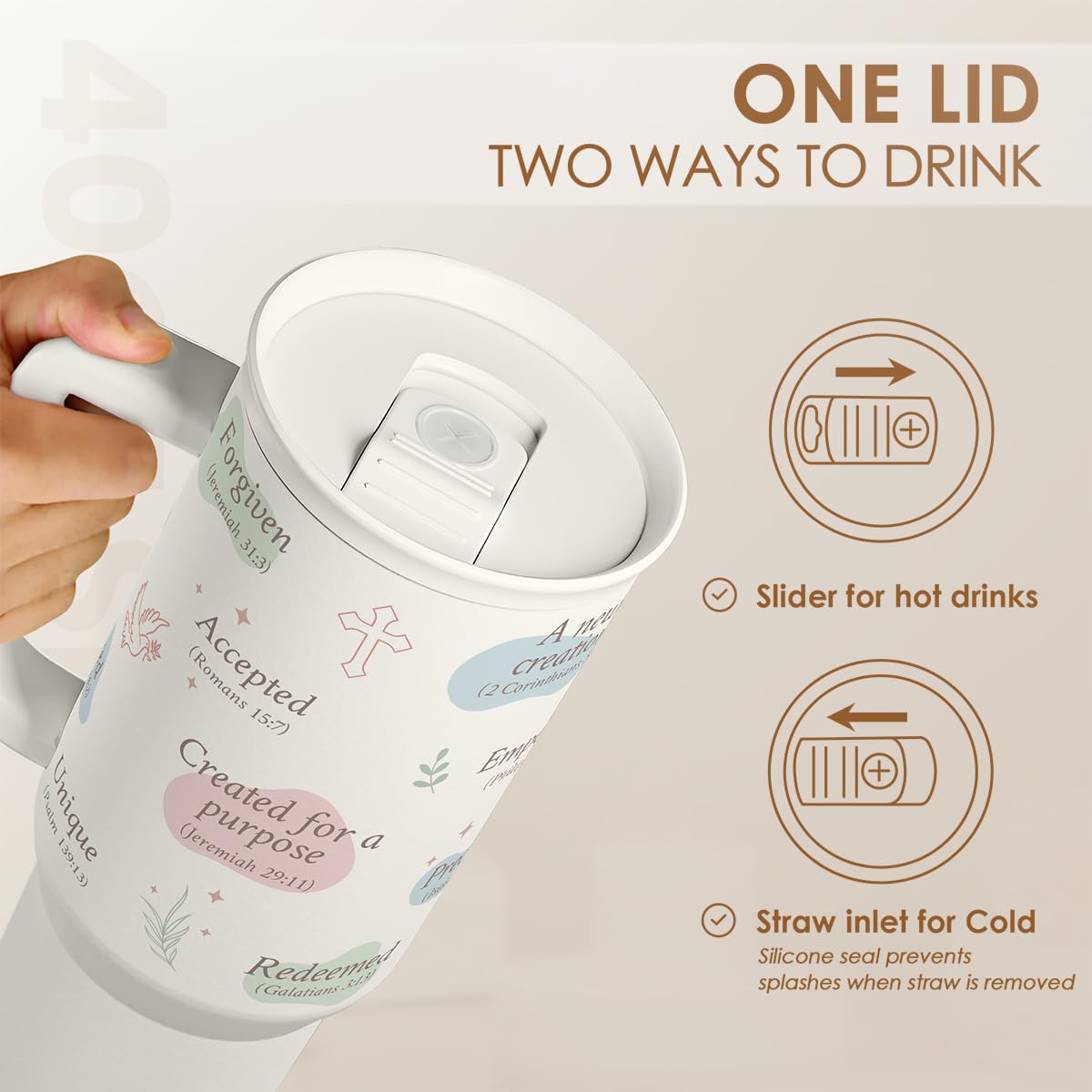Christian Gift for Women - Inspiration Insulated Stainless Steel Tumbler with Handle and Straw - Religious Gifts for Birthday Ch