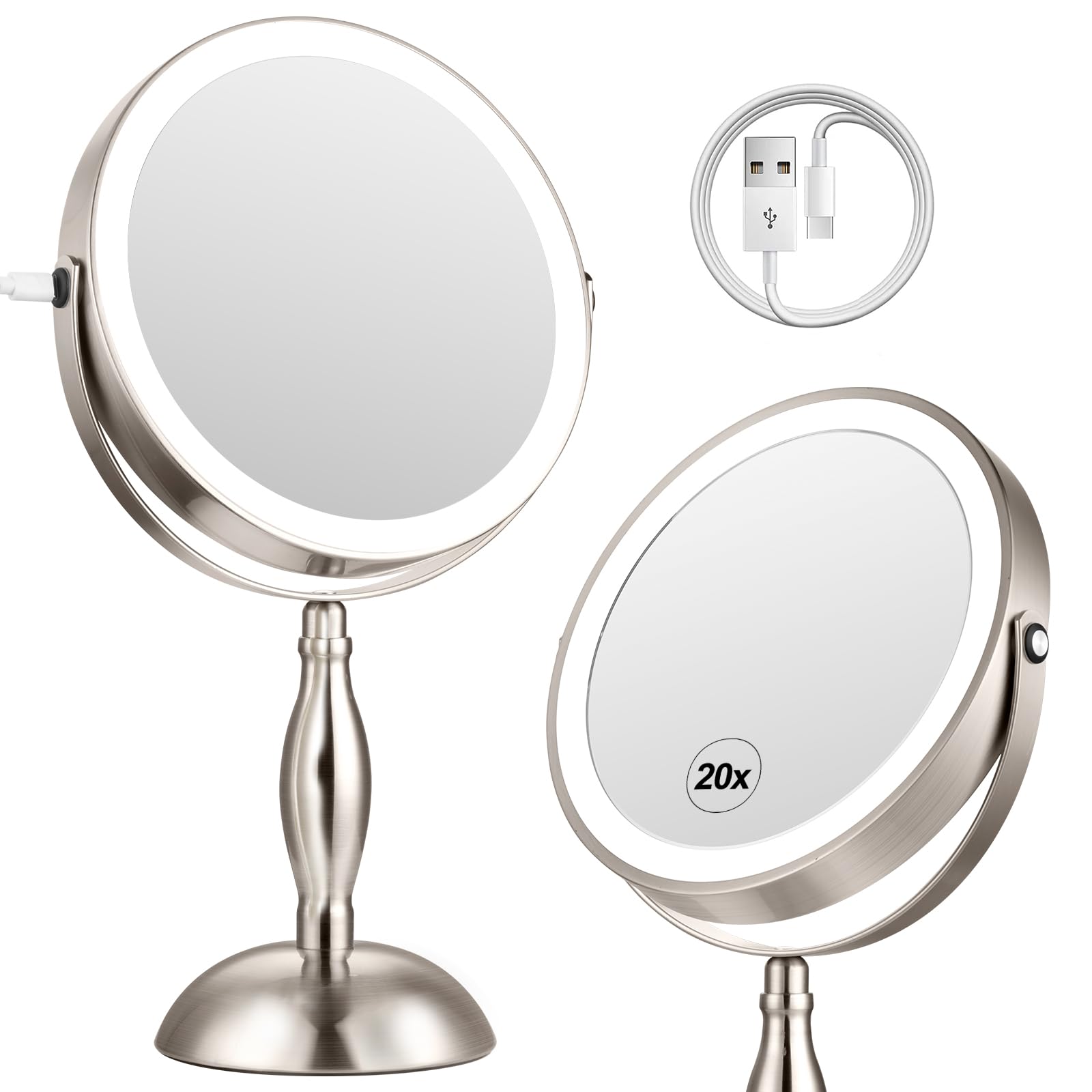 DASLAVA 20x Magnifying Mirror with Light, Lighted Makeup Mirror with 3 Color Modes and Adjustable Brightness, Side Charging Port