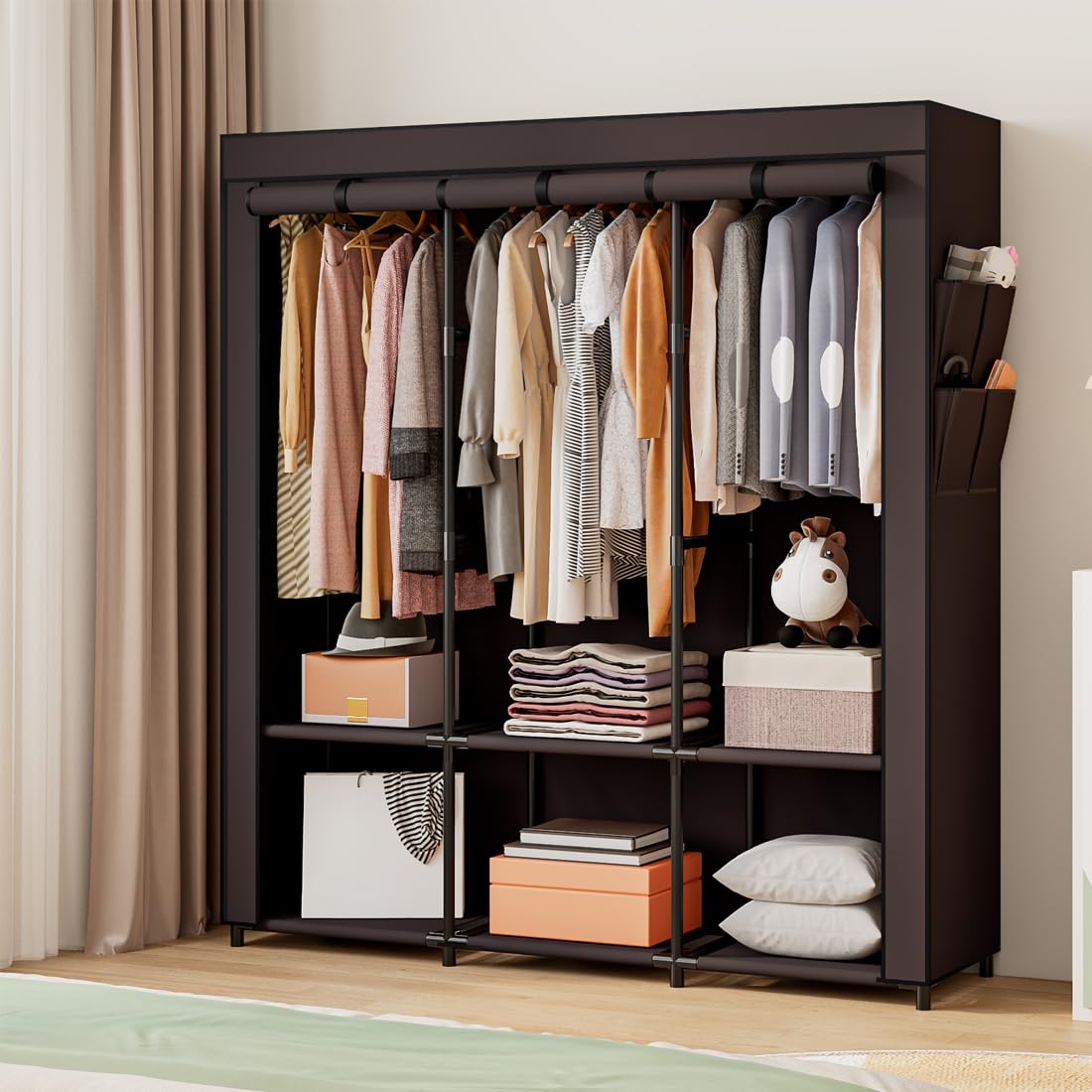 Sorcedas Portable Closet Wardrobe Storage Organizer Metal Hanging Rack Non-Woven Fabric 50 Inch (Coffee)