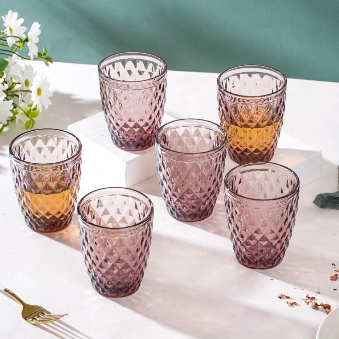 Nestasia Mauve Set of 6 Crystal Water Glasses |Juice Glasses | Drinking Glasses | Glass Tumblers (Set of 6, 250ml)