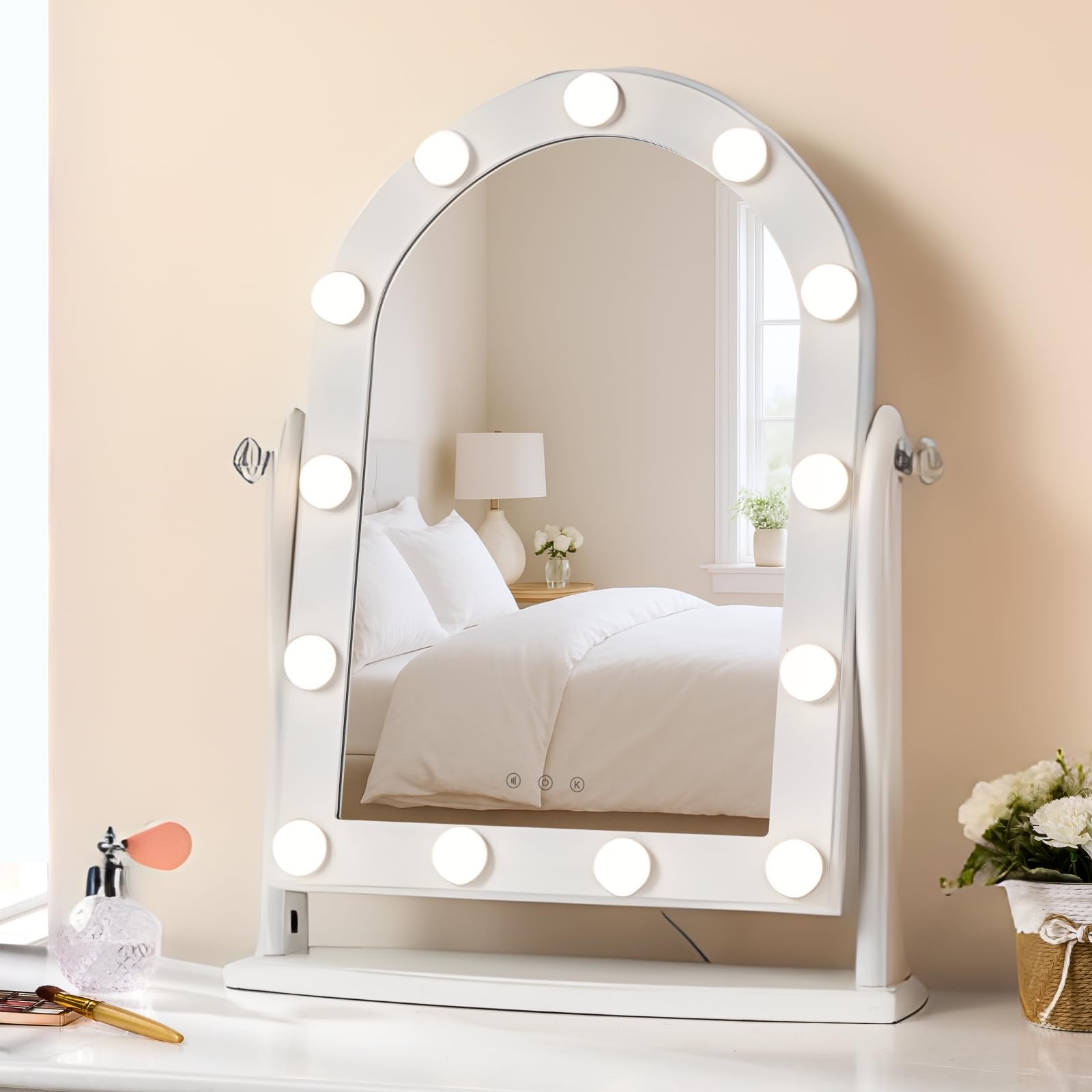 LUXFURNI Vanity Mirror with Lights, 13 LED Lights Makeup Mirror Smart Touch Control Dimmable 3 Color Modes, 90Rotation, White