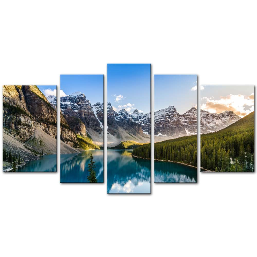 Wall Art Decor Poster Painting On Canvas Print Pictures 5 Pieces Moraine Lake And Mountain Range Sunset Canadian Rocky Mountains