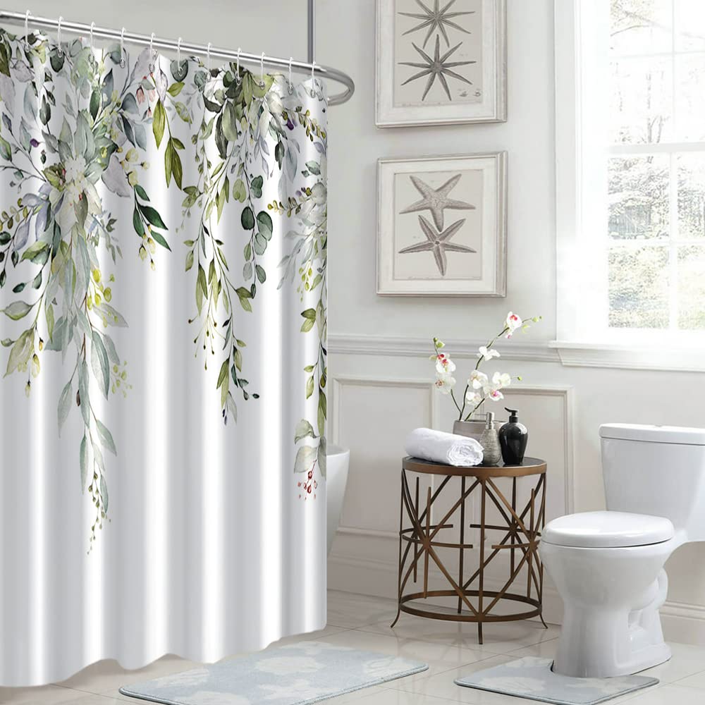 Ruelvth Green Eucalyptus Shower Curtain, Spring Watercolor Plant Leaves With Floral Shower Curtain For Bathroom Waterproof Fabri