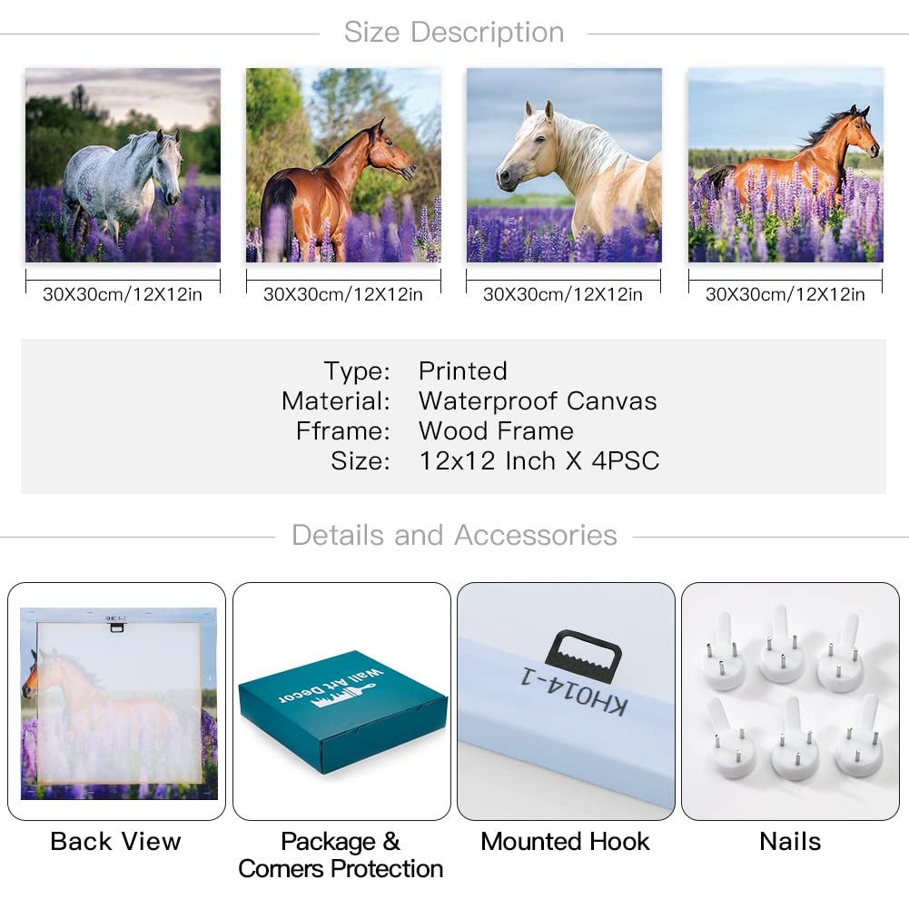 Otostar 4 Pieces Wall Art Canvas Prints - Purple Lavender And Horse Picture Painting - Modern Wall Artwork Framed For Gifts Bath