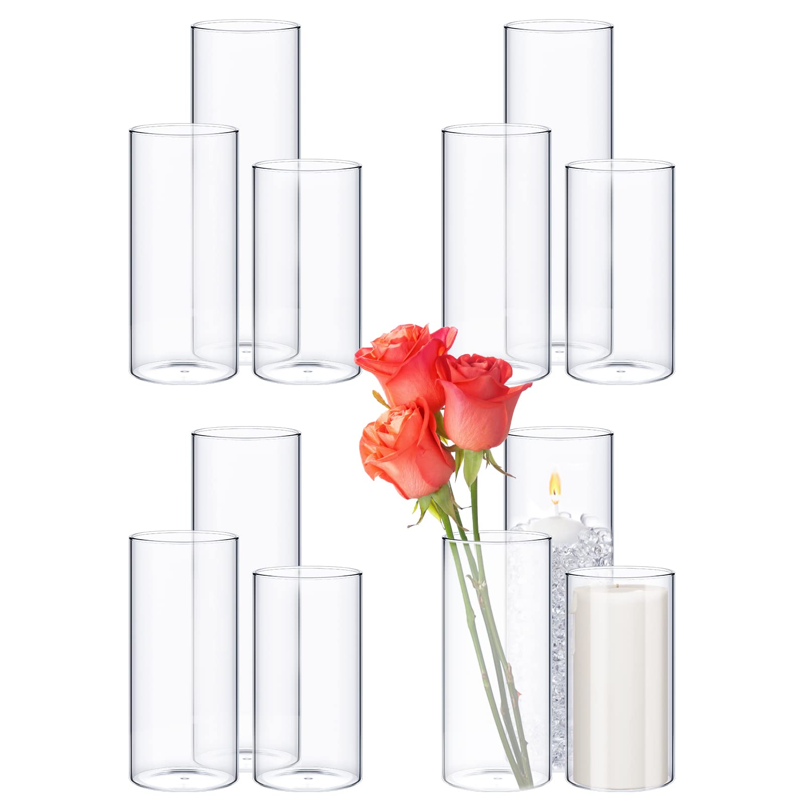 Didaey 12 Pcs Glass Cylinder Vases Clear Flowers Vase Decorative 6,8,10 Inch Floating Candles Holders Table Centerpieces for Wed