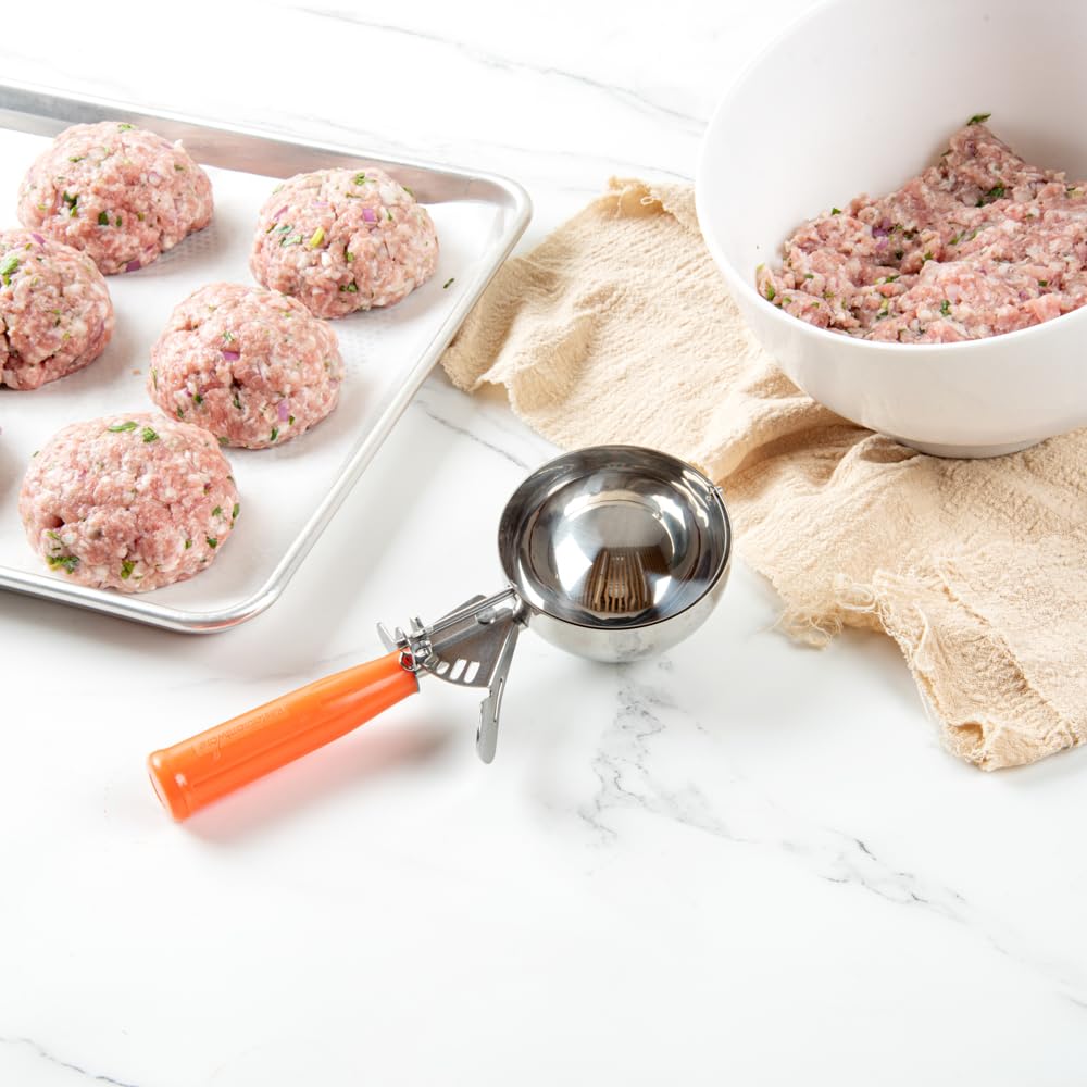 Restaurantware Met Lux 8 Ounce Portion Scoop 1 Durable Disher Scoop - Thumb Trigger Orange Stainless Steel Ice Cream Disher For