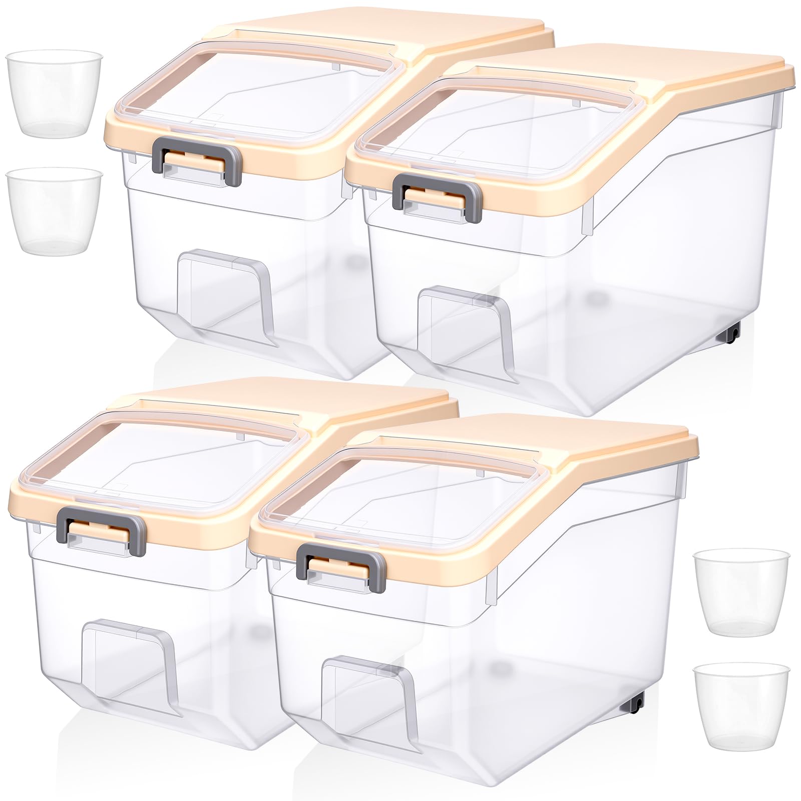 Sunnyray 4 Pcs Flour Storage Containers Rice Bin with Wheels, Beige, 28 lb