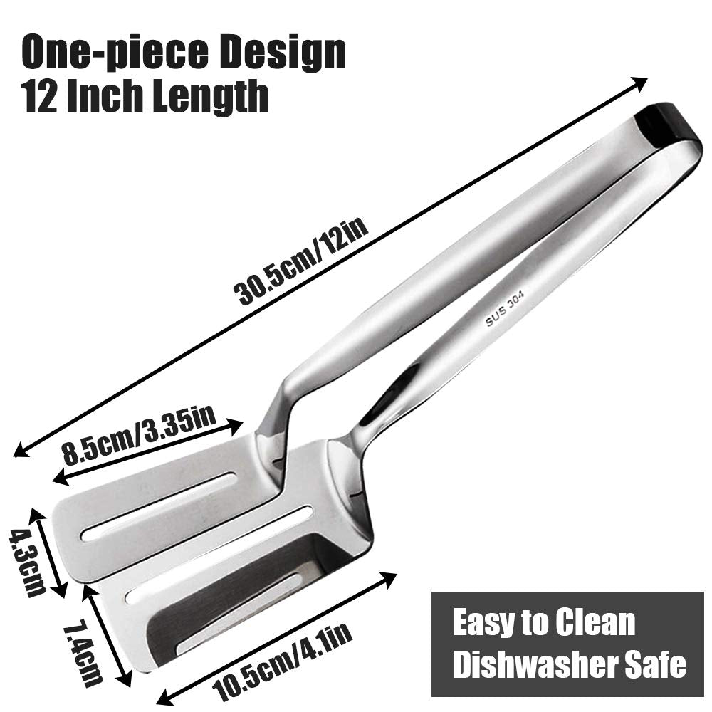12 Inch Long Cooking Spatula Tong, 304 Stainless Steel, Slotted Double Spatula, Cooking&Serving Utensil For Holding&Flipping Ste