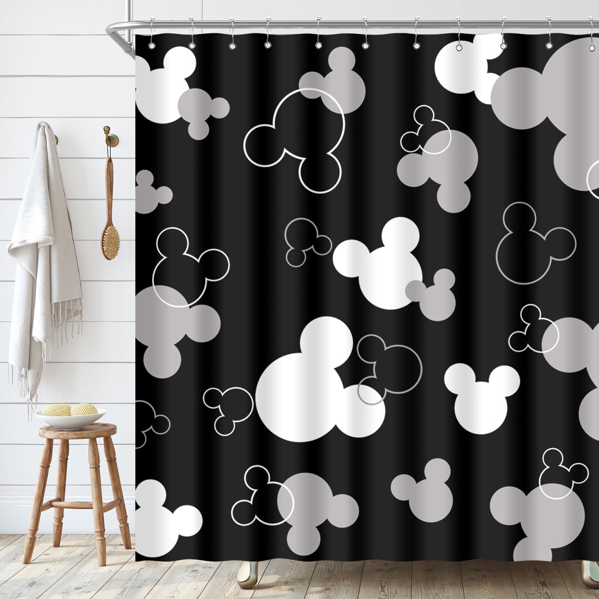 Biysuc Mouse Head Shower Curtain Black Background Children Cartoons Kids Cute Animal Grey White Bathroom Home Decor Waterproof P