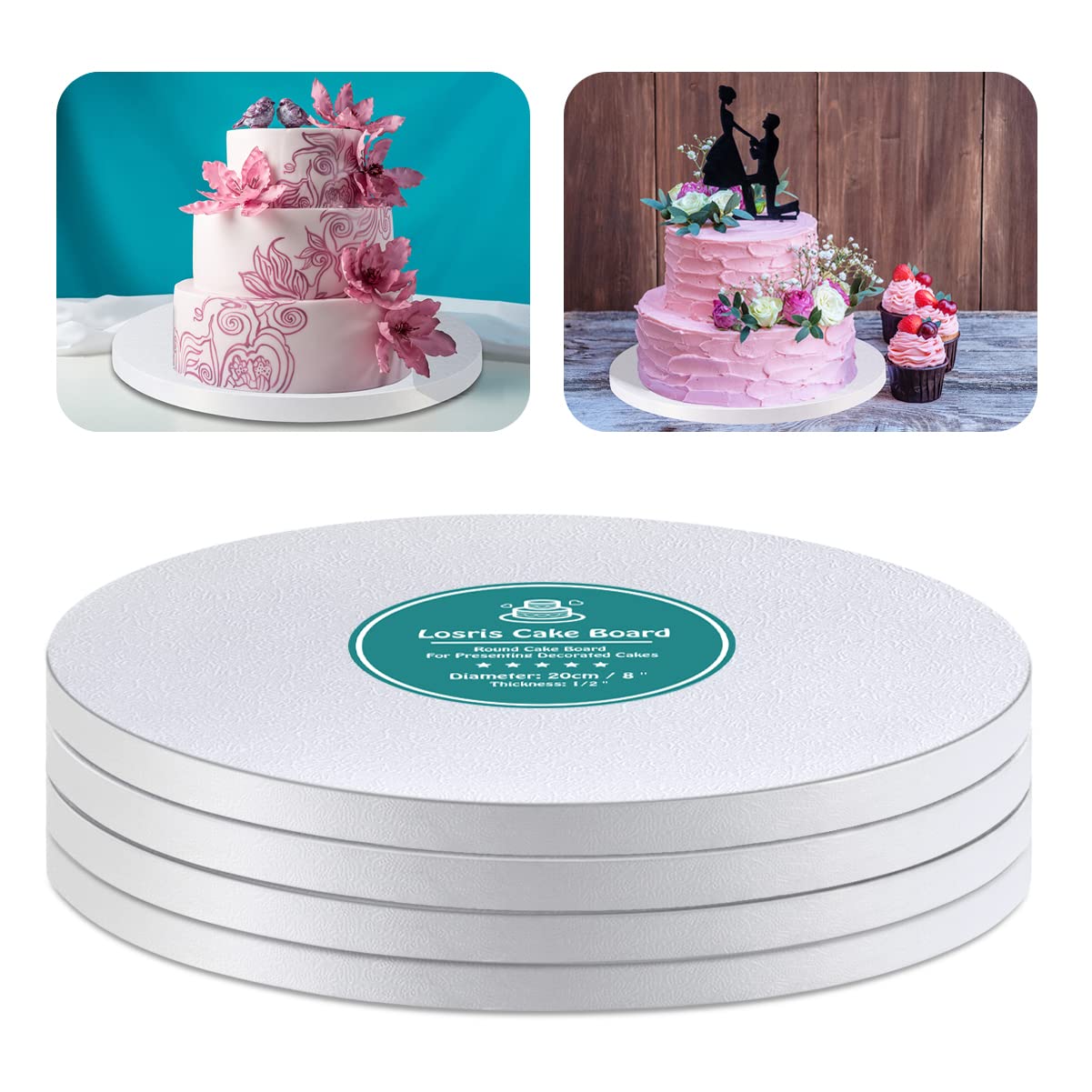 White Cake Drums Round 8 Inch Cake Boards With 1/2-Inch Thick Smooth Edges For Multi Tiered Birthday Wedding Party Cakes Drum Bo