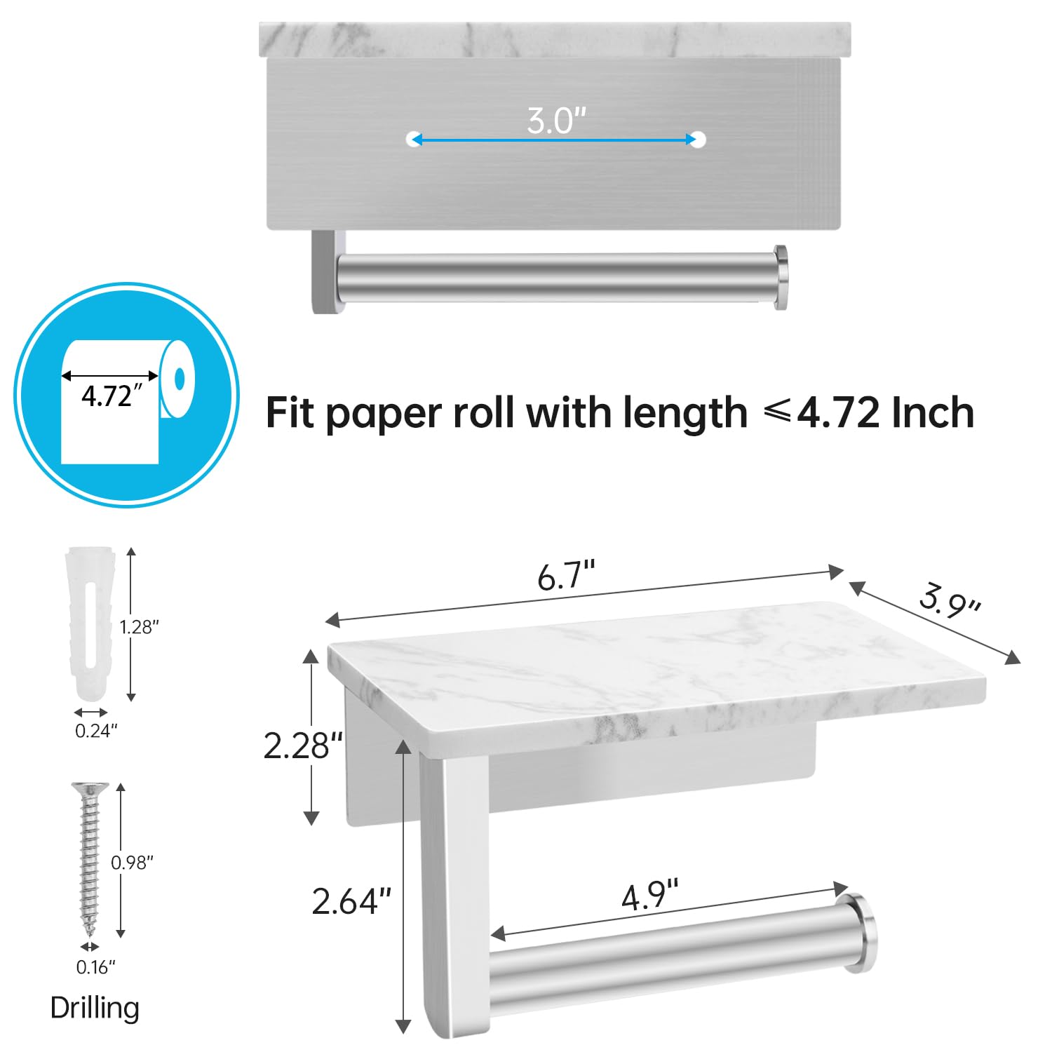 Hronta Toilet Paper Holder With Marble Shelf, Sus304 Stainless Steel Wall Mounted Toilet Paper Holder And 2 Pcs Free Adhesive Ho