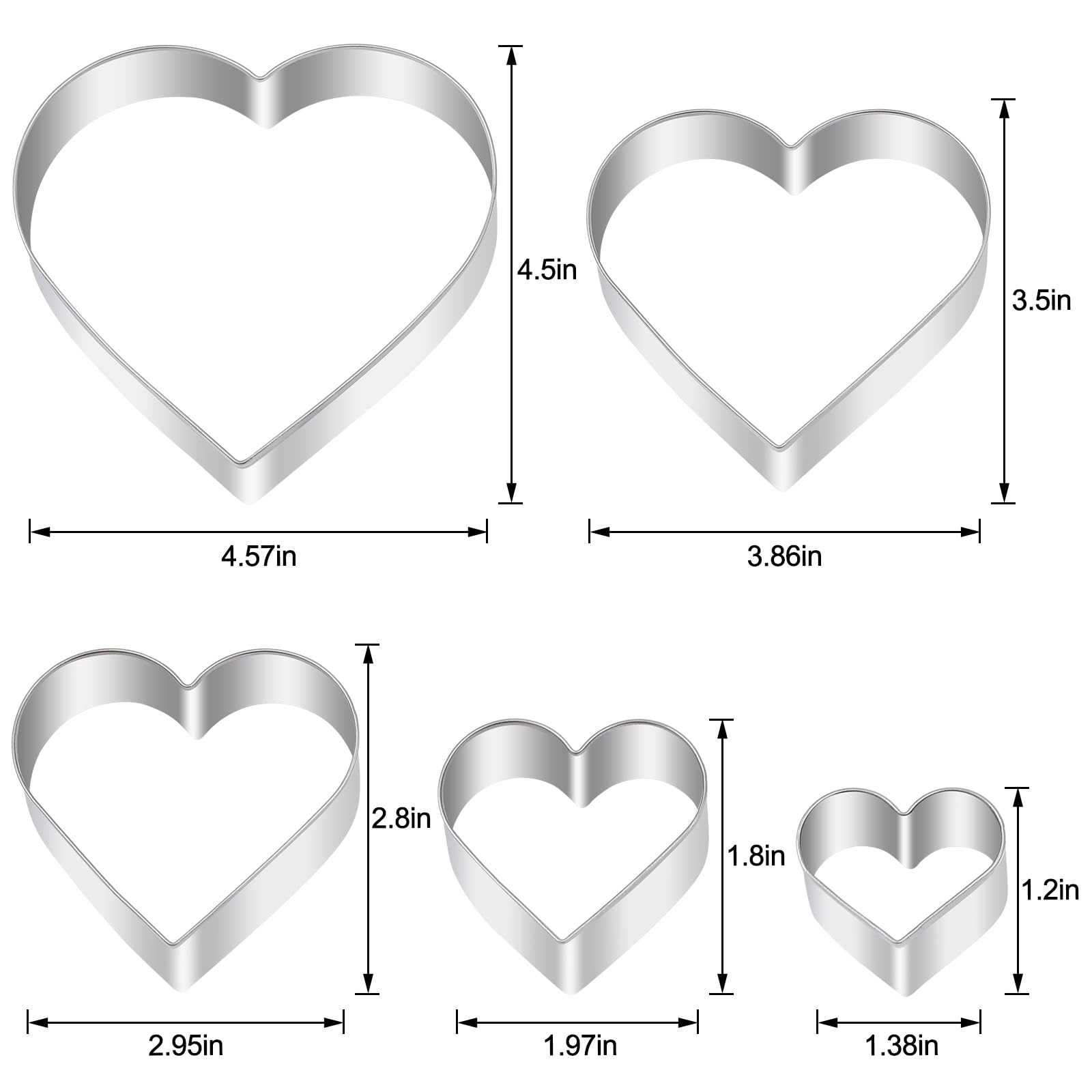 Heart Cookie Cutter Set - 5 Piece - 4.57'' 3.86'' 2.95'' 1.97    1.38'' - Heart Shaped Cookie Cutters Fondant Biscuit Cutters Fo