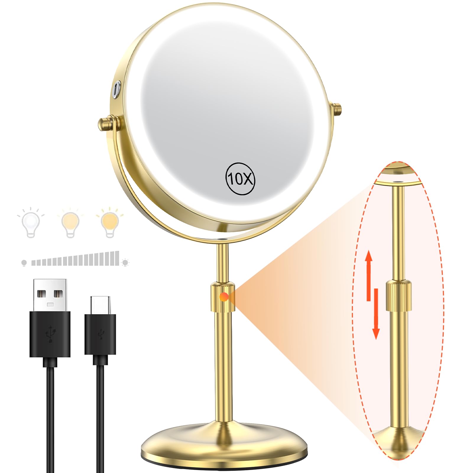 Benbilry Lighted Makeup Mirror With 3 Color Lights & 10X Magnification, Adjustable Brightness & Height, 7 Inch 360 Swivel Rechar