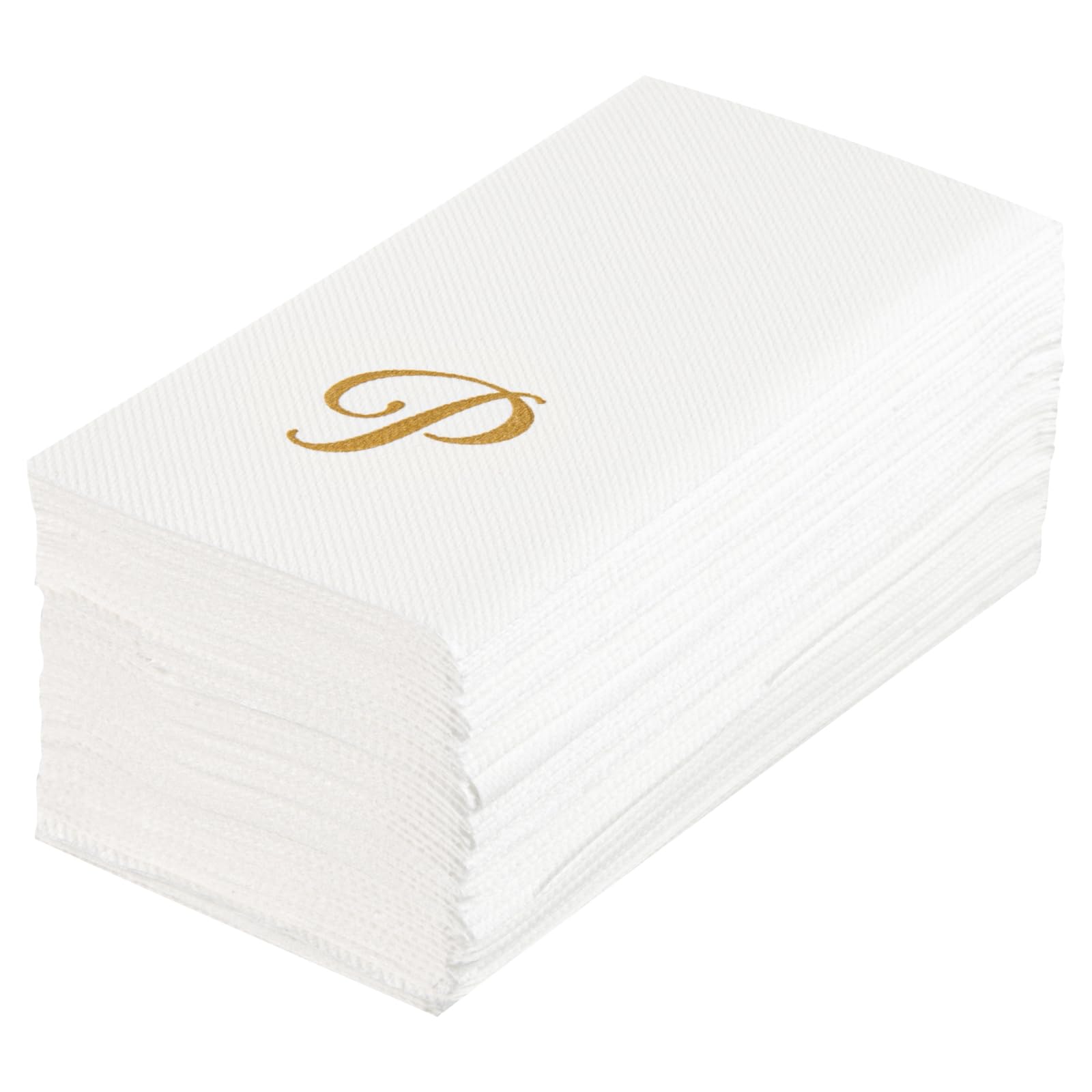 Luxenap 15.8 X 7.9 Inch Linen-Feel Guest Towels, 50 Lettered Hand Towels - Gold Letter 'P', Cursive Font, White Paper Dinner Nap