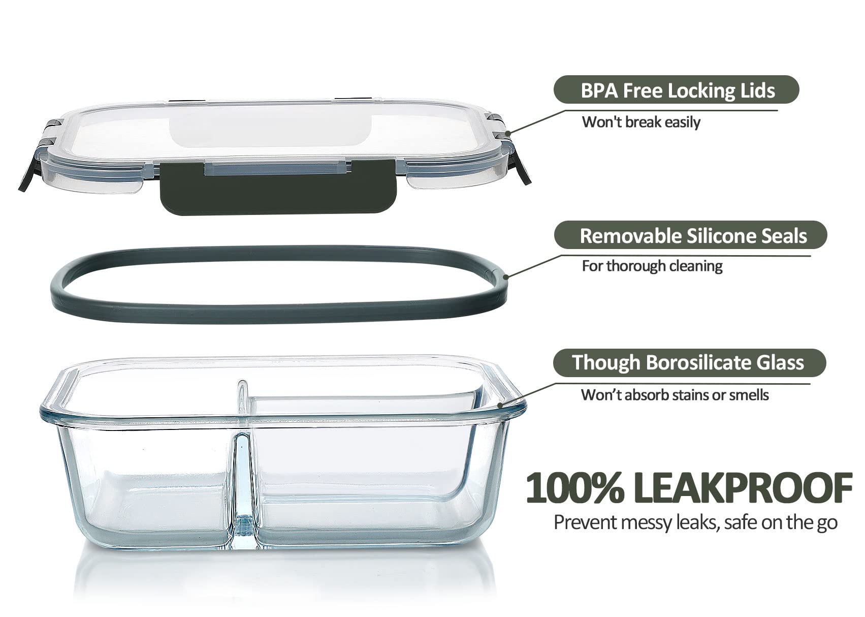 M Mcirco [5-Pack, 36 Oz] Glass Meal Prep Containers 3 Compartment With Lids, Glass Lunch Containers,Food Prep Lunch Box,Bento Bo