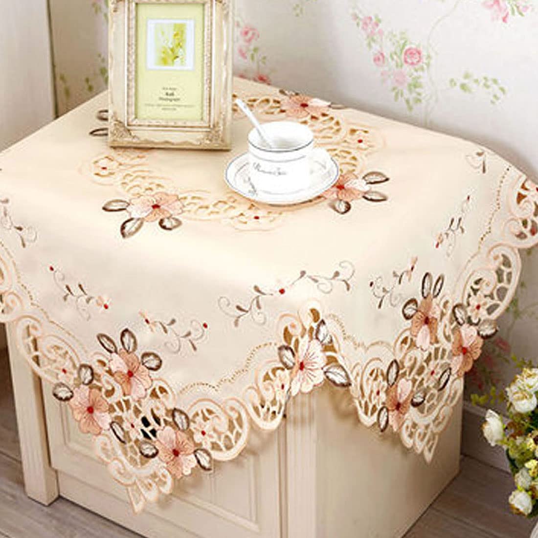 Lelehome 33 Inch X 33 Inch Flower Embroidered Lace Beige Square Tablecloth, Vintage Classic Floral Dining Table Cloth Wrinkle Fr