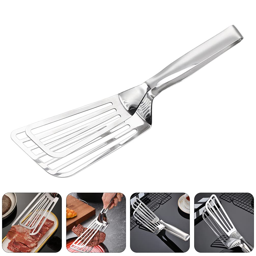 Hemoton Fish Spatula Stainless Steel Slotted Barbecue Clip Steak Clamp For Flipping Frying Fish Meat Eggs Pancakes