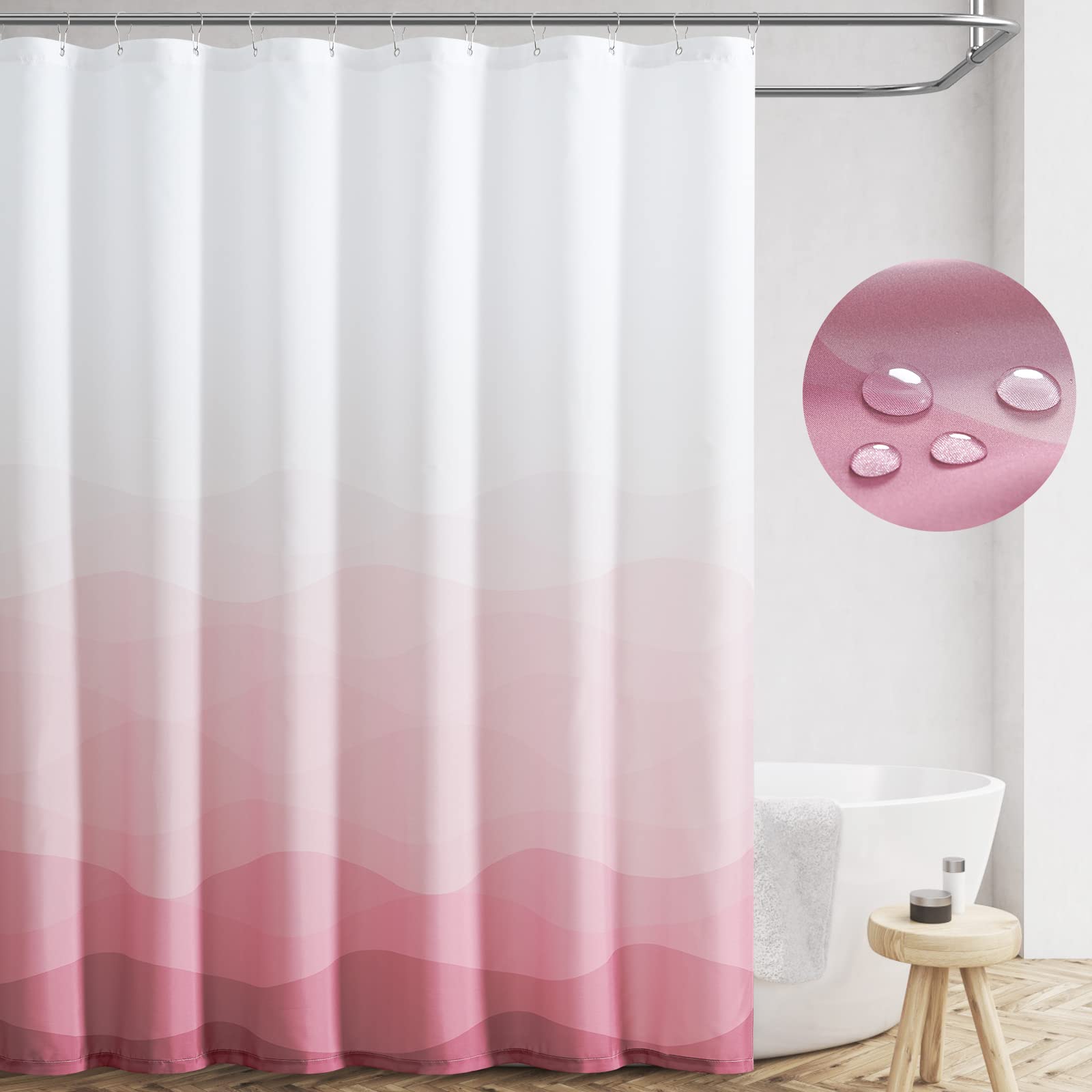 jinchan Ombre Pink Ocean Wave Shower Curtain Waterproof Fabric Shower Curtains for Bathroom Gradual Color Design Nautical Coasta