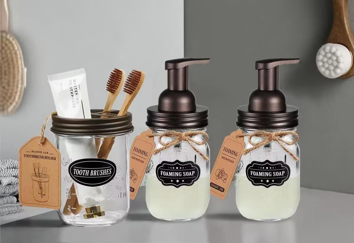 Komashr Mason Jar Toothbrush Holder -Bronze - With 16 Ounce Mason Jar,Premium Rustproof 304 Stainless Steel Lid And Chalkboard L