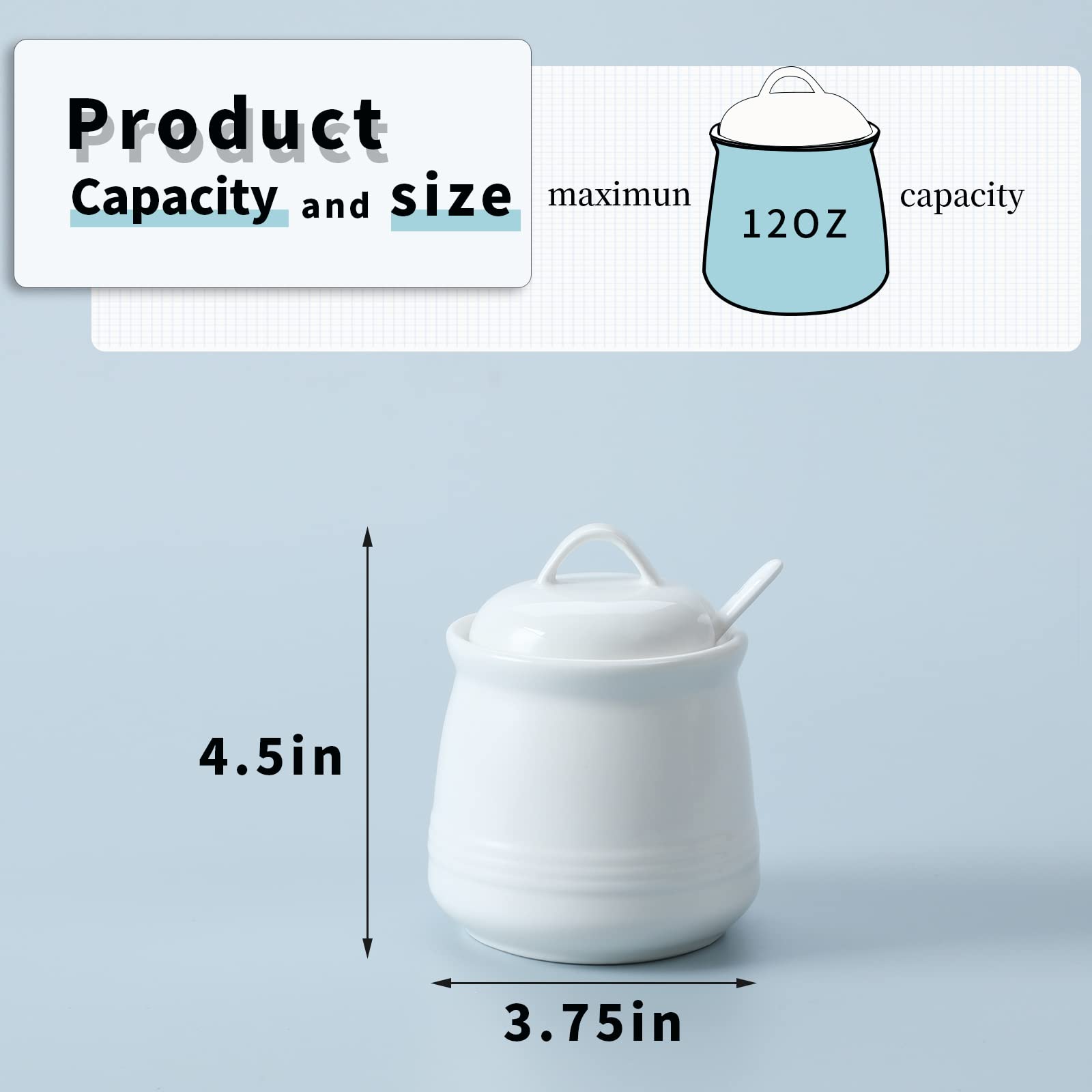 HAOTOP Porcelain Sugar Bowl with Spoon and Lid, 12 oz, White Ceramic Salt Bowl for Home and Kitchen
